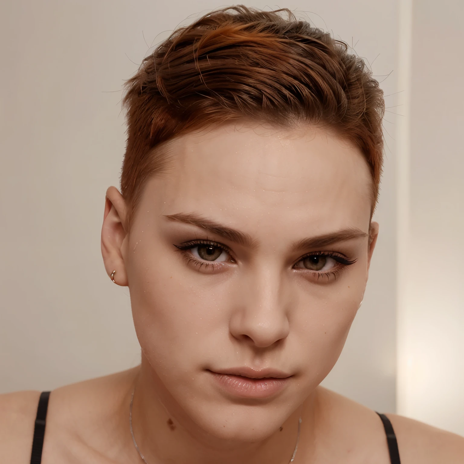 Whitr femboy, orane hair, short hsir, shaved side burns, small lips pointy nose, wide chin, strong jaw line, cute boy, foxy eyes, wearing eyeshadow makeup, cute, femboy, trans, orange hair, has a fade