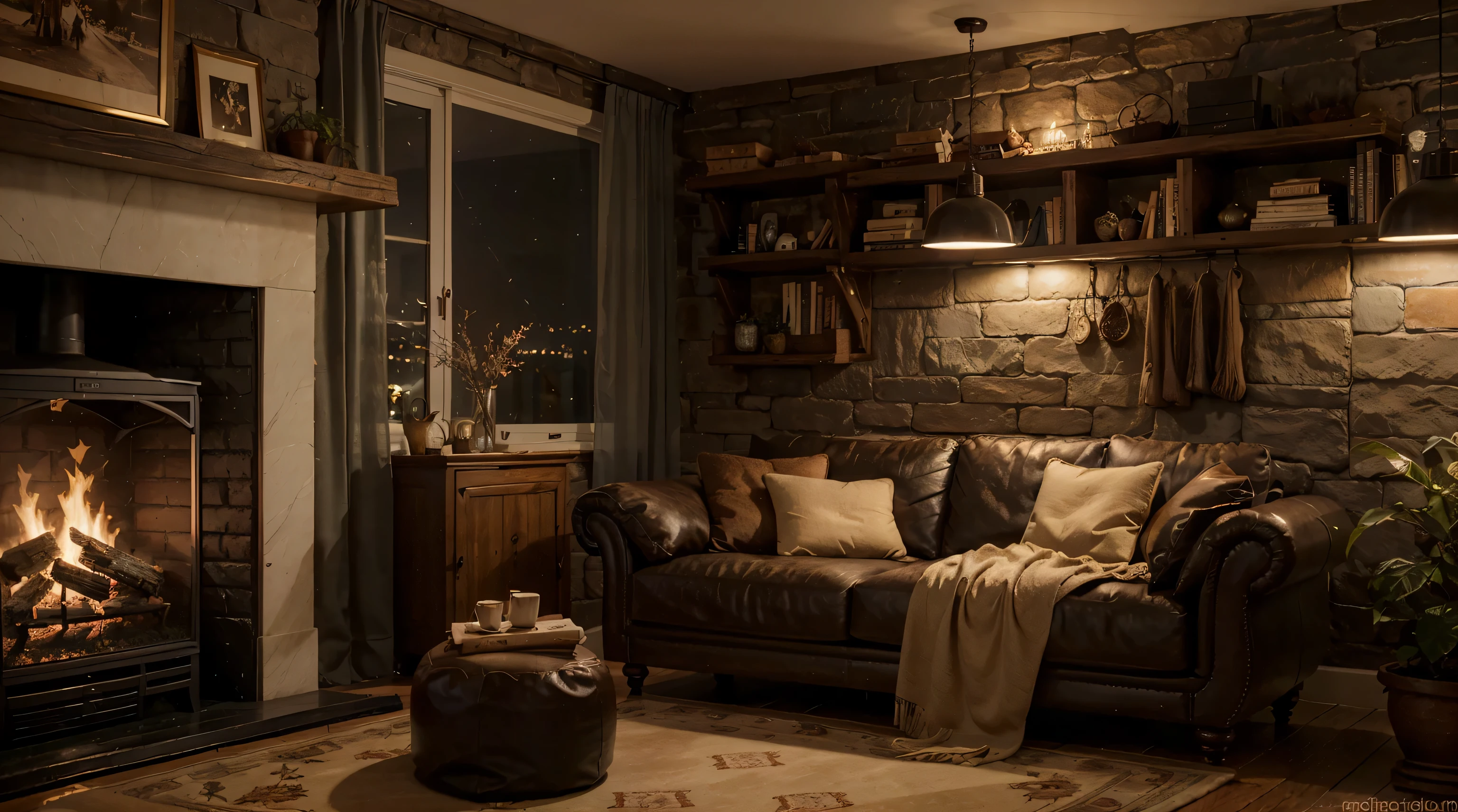 balcony coffee shop with a fireplace and sofa chairs, winter outside, cozy place, books place, warm beautiful scene, cozy atmospheric, cozy environment, cozy setting, winter setting, cosy enchanted scene, very realistic, cozy atmosphere, cozy and peaceful atmosphere, cozy and calm, beautiful detailed scene, winter time, very very realistic, ✨🕌🌙, cozy wallpaper, unreal engine ; romantic theme