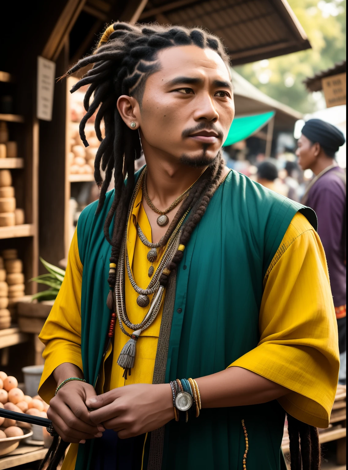 arafed man with dreadlocks standing in a market with other people, clothed in ancient street wear, shot on canon eos r 5, shot on canon eos r5, ‘raya and the last dragon’ etc, portrait shot, inspired by I Ketut Soki, dramatic portraiture of namenlos, mid shot portrait, shot on nikon z9