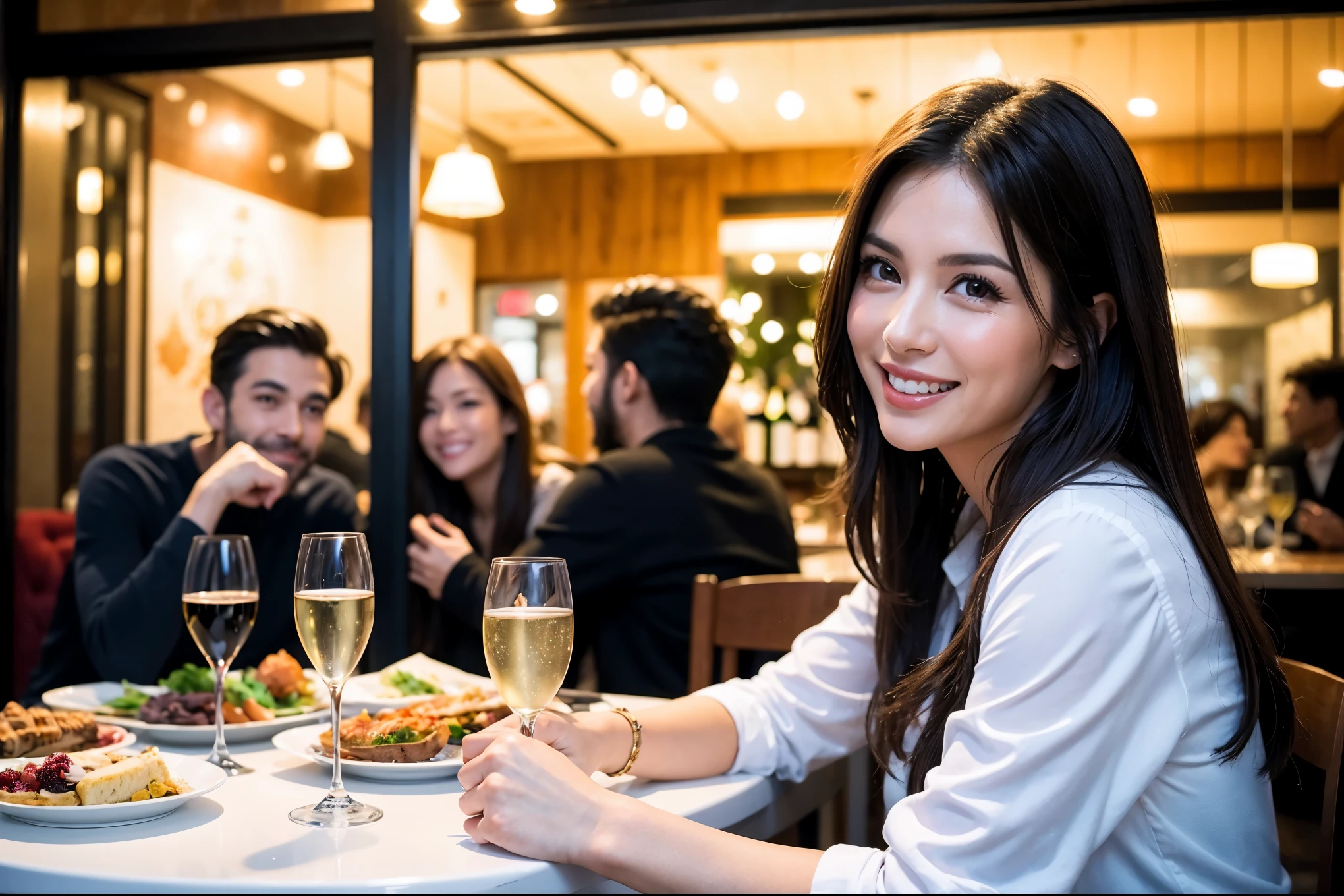 64k, UHD, highest quality, masterpiece: 1.2), (realistic, photorealistic: 1.37), Super detailed, celebration party、beauty、beautiful mature woman、3 women who love wine、Three Men、champagne、Sparkling wine、winter night、restaurantでワイン宴会、(slimな男女4名),(Wine party for 5 people)、(slimフェイス),Happy、 最高なsmile、Fox Face、Raccoon face、Berry Short、(because I'thin), (brown hair), (shortcut), long sleeve shirt、winter fashion、Colombia、Brazilian、Japanese、Dutch、German、Portuguese、Belgian、Italian、french, (gushing), (slimボティ), (brown hair), (shortcut), 端正なbeauty、cheeks blush a little, (41 years old), 38 years old, 35 years old、32 years old、27 years old、 A beautiful and detailed night view spreads out outside the window....., restaurant, wine glassが座っている, At night, in a prominent place (from the Upper body) nova frog style, actress, model, Upper body, White wine, slim, wine glass, Very beautiful night view, wine glass Put in the Middle, Happy smile, (smile: 1.15),