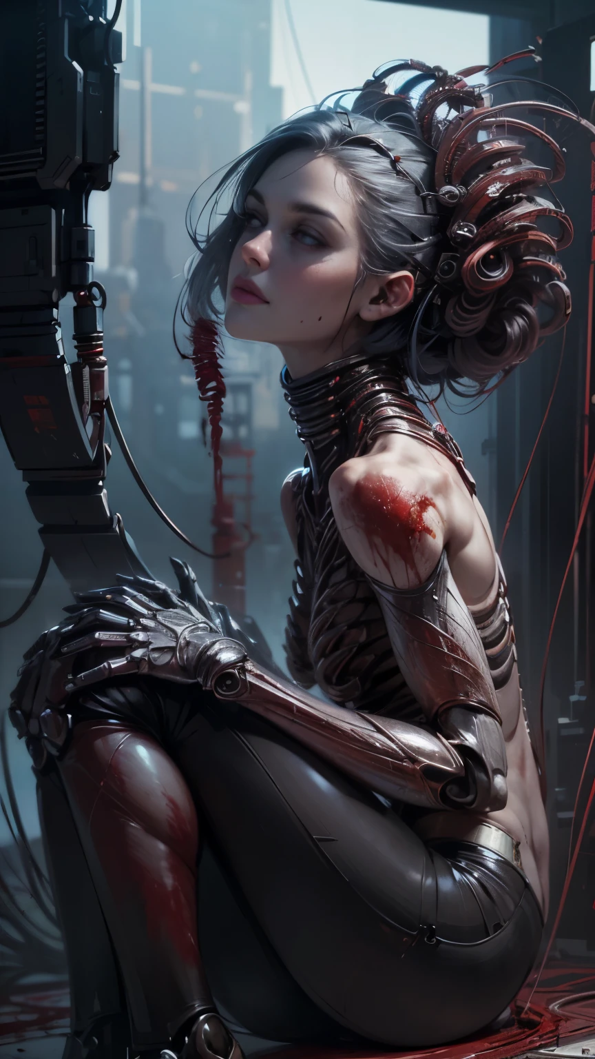 (masterpiece, top quality, best quality, official art, beautiful and aesthetic:1.2), (1girl:1.3), extreme detailed,colorful,highest detailed ((ultra-detailed)), (highly detailed CG illustration), ((an extremely delicate and beautiful)),(from side),cinematic light,((1mechanical girl)),solo,full body,(machine made joints:1.2),((machanical limbs)),(blood vessels connected to tubes),(mechanical vertebra attaching to back),((mechanical cervial attaching to neck)),(sitting),expressionless,(wires and cables attaching to neck:1.2),(wires and cables on head:1.2)(character focus),science fiction,white background,(blood:1.5)