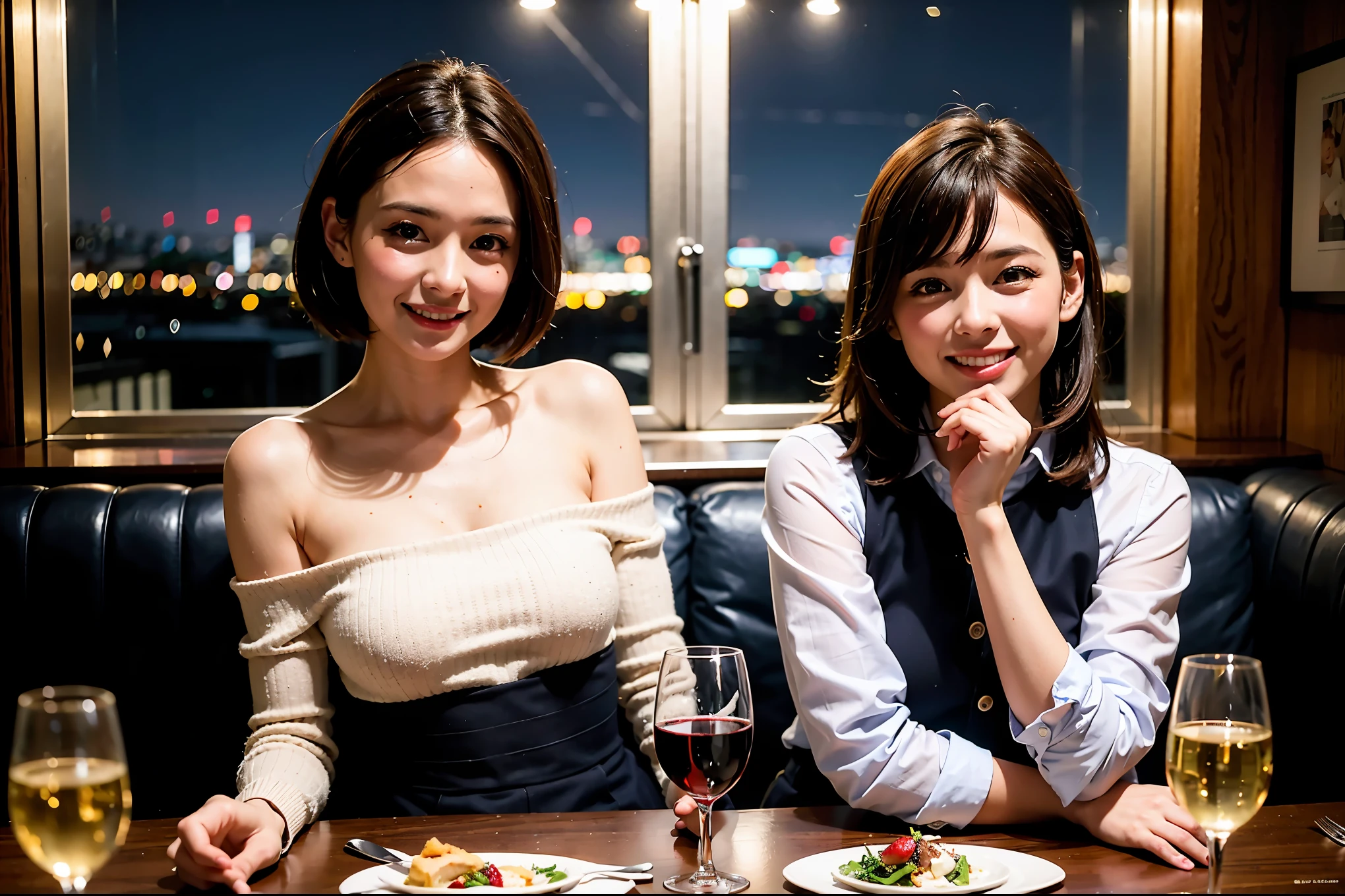 64k, UHD, highest quality, masterpiece: 1.2), (realistic, photorealistic: 1.37), Super detailed, celebration party、beauty、beautiful mature woman、3 women who love wine、Three Men、champagne、Sparkling wine、winter night、restaurantでワイン宴会、(slimな男女4名),(Wine party for 5 people)、(slimフェイス),Happy、 最高なsmile、Fox Face、Berry Short、(because I&#39;thin), (brown hair), (shortcut), long sleeve shirt、winter fashion、Japanese、Dutch、German、Portuguese、Belgian、Italian、french, (gushing), (slimボティ), (brown hair), (shortcut), 端正なbeauty、cheeks blush a little, (34 years old), 38 years old,32 years old、40 years old、 A beautiful and detailed night view spreads out outside the window....., restaurant, wine glassが座っている, At night, in a prominent place (from the Upper body) nova frog style, actress, model, Upper body, White wine, slim, wine glass, Very beautiful night view, wine glass Put in the Middle, Happy smile, (smile: 1.15), 