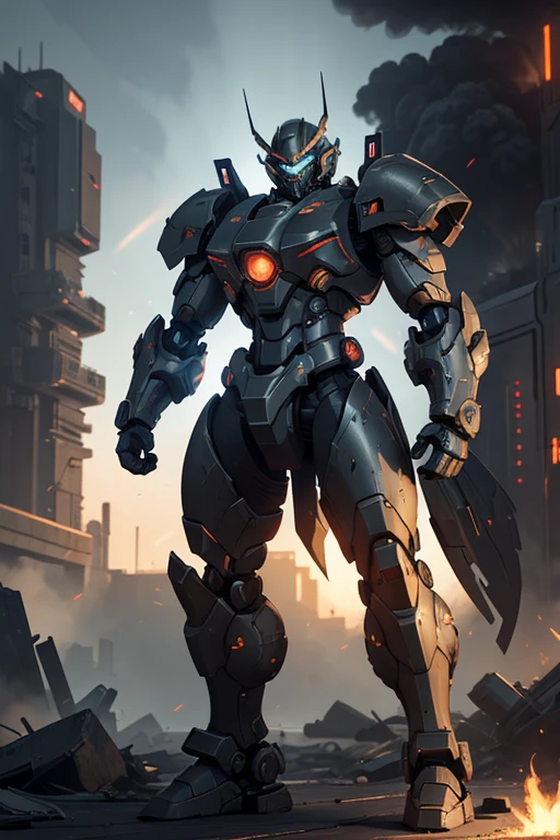 "Future mecha warriors in the sci-fi battlefield, Dress stylishly, Metal armor with glowing LED lights. The warrior looks fierce，Determined gaze, Exudes confidence. The armor is very detailed, Possess complex mechanical components and powerful weapons. The battlefield is filled with rubble and smoke, Showing the consequences of intense fighting. The lighting is dramatic, Sunlight through thick smoke, Create contrast between light and shadow. The color palette is dominated by cool tones, Enhance the futuristic atmosphere. Artwork is of the highest quality, Featuring ultra-detailed rendering and an emphasis on realistic textures. The final image should be a masterpiece, Capture the epicness and intensity of MechWarriors."