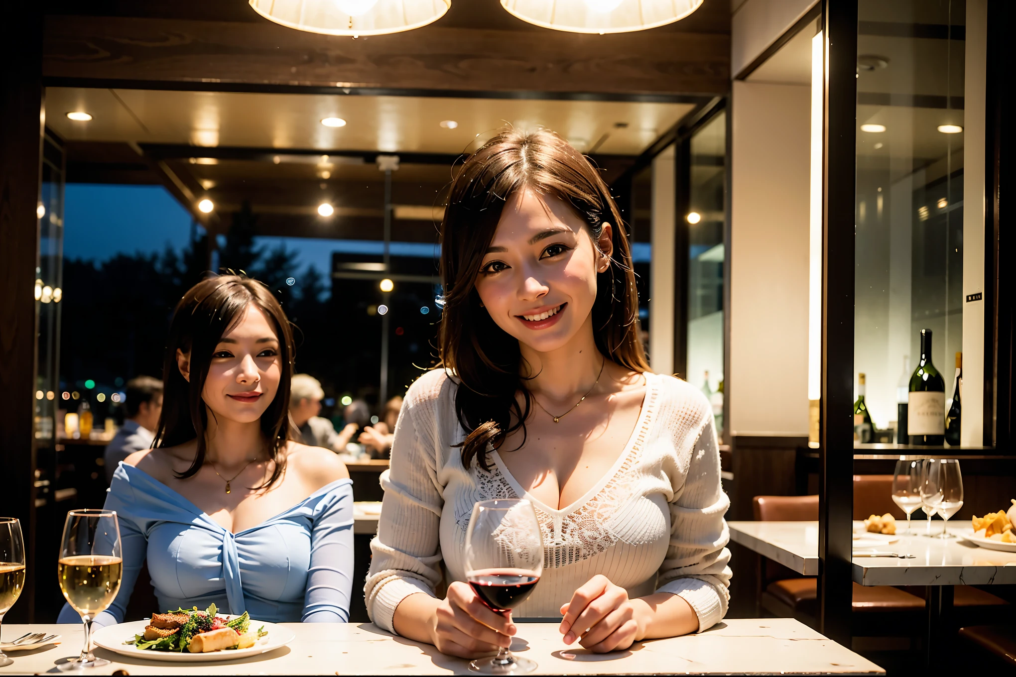 64k, UHD, highest quality, masterpiece: 1.2), (realistic, photorealistic: 1.37), Super detailed, celebration party、beauty、beautiful mature woman、3 women who love wine、Three Men、champagne、Sparkling wine、winter night、restaurantでワイン宴会、(slimな男女4名),(Wine party for 5 people)、(slimフェイス),Happy、 最高なsmile、Fox Face、Berry Short、(because I'thin), (brown hair), (shortcut), long sleeve shirt、winter fashion、Japanese、Dutch、German、Portuguese、Belgian、Italian、french, (gushing), (slimボティ), (brown hair), (shortcut), 端正なbeauty、cheeks blush a little, (34 years old), 38 years old,32 years old、40 years old、 A beautiful and detailed night view spreads out outside the window....., restaurant, wine glassが座っている, At night, in a prominent place (from the Upper body) nova frog style, actress, model, Upper body, White wine, slim, wine glass, Very beautiful night view, wine glass Put in the Middle, Happy smile, (smile: 1.15),