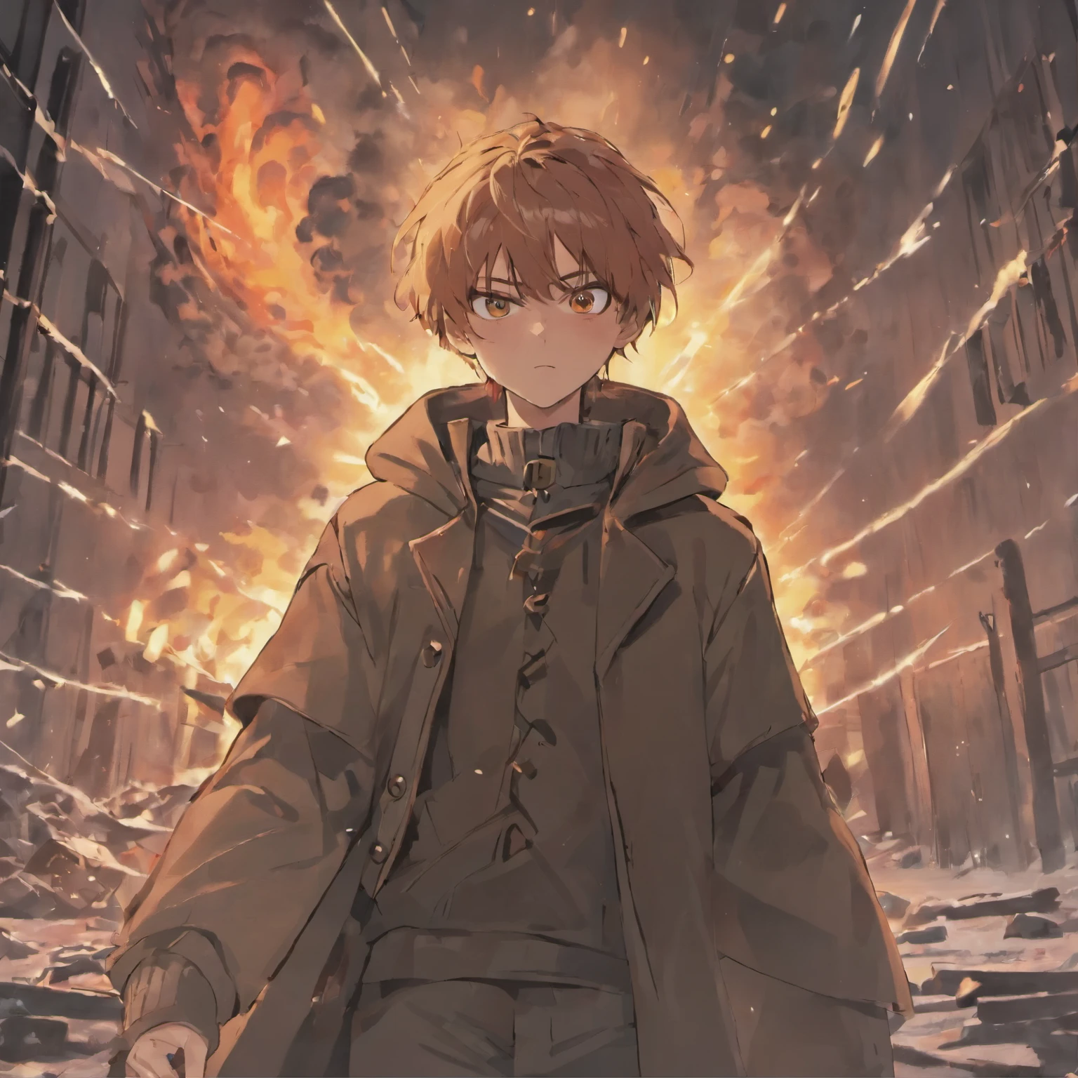 adult men,blood,coat,Bronze hair,War Background,Special powers,dull color,winter,alone,fire in the background,house,to ruin,warplane,Explosive force