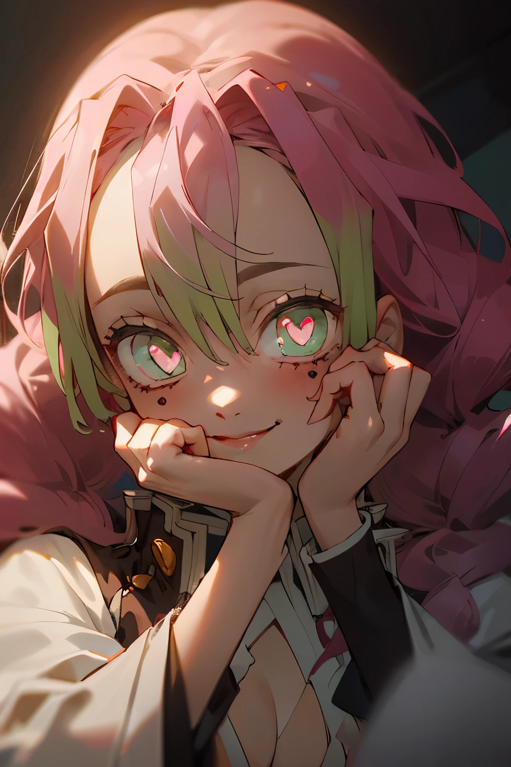 masterpiece, best quality, ultra-detailed, Potrait of beautiful MitsuruDS, solo, demon_slayer_uniform, smile, long_sleeves, looking_at_viewer, japanese_clothes, breasts, cleavage, upper_body, hair_between_eyes, hands_on_own_cheeks, hands_on_own_face, volumetric lighting, best quality, masterpiece, intricate details, tonemapping, sharp focus, hyper detailed, trending on Artstation, heart-shaped_pupils