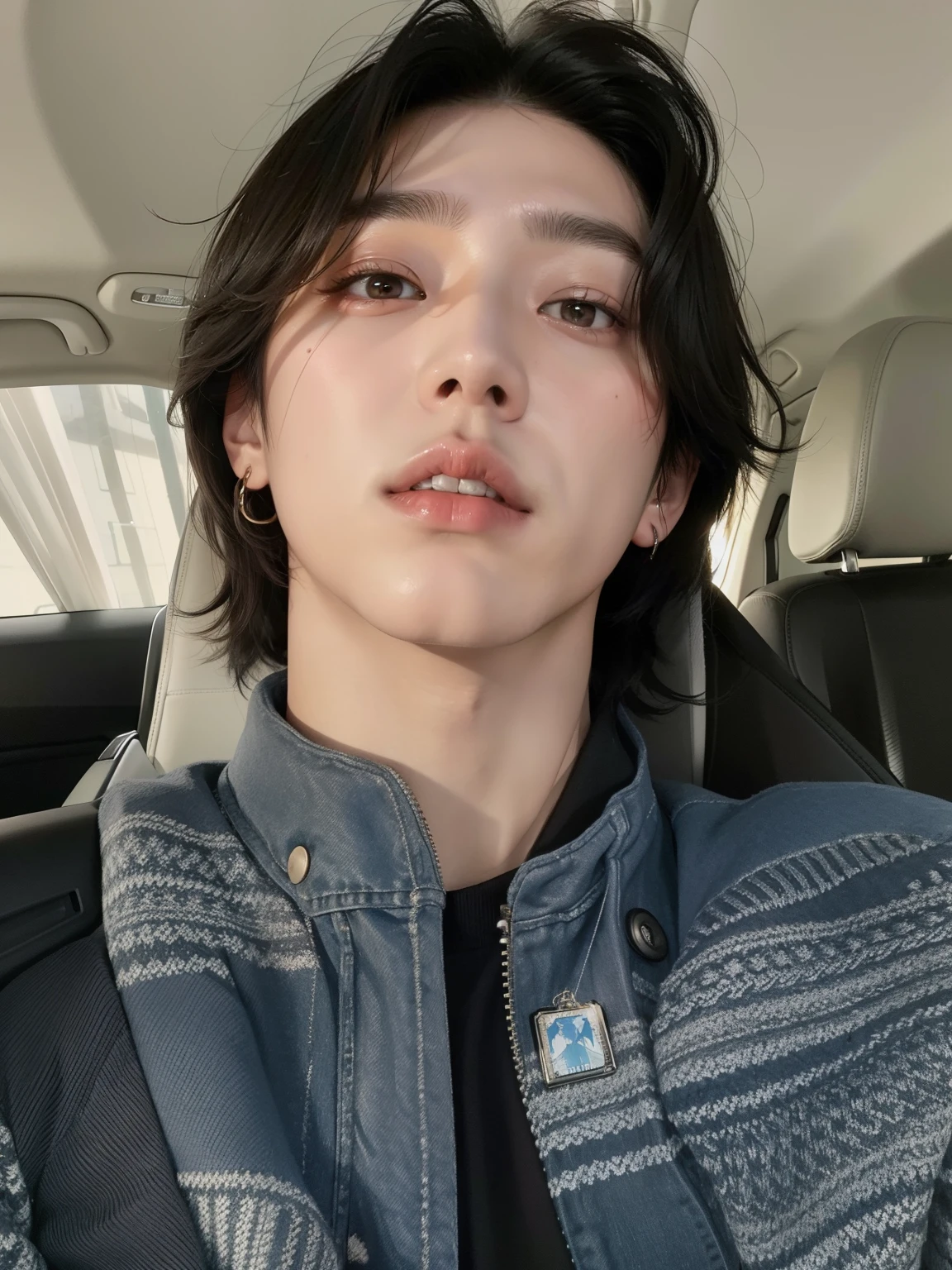 Hay un hombre con una chaqueta vaquera sentada en un coche, hyung tae, TaeJune Kim, cai xukun, steven jung, hong junio hyung, Jinyoung Shin, taken in the early 2020s, he is about 2 , he is about 20 years old, he is about 2 0 years old, androgynous face, jungkook