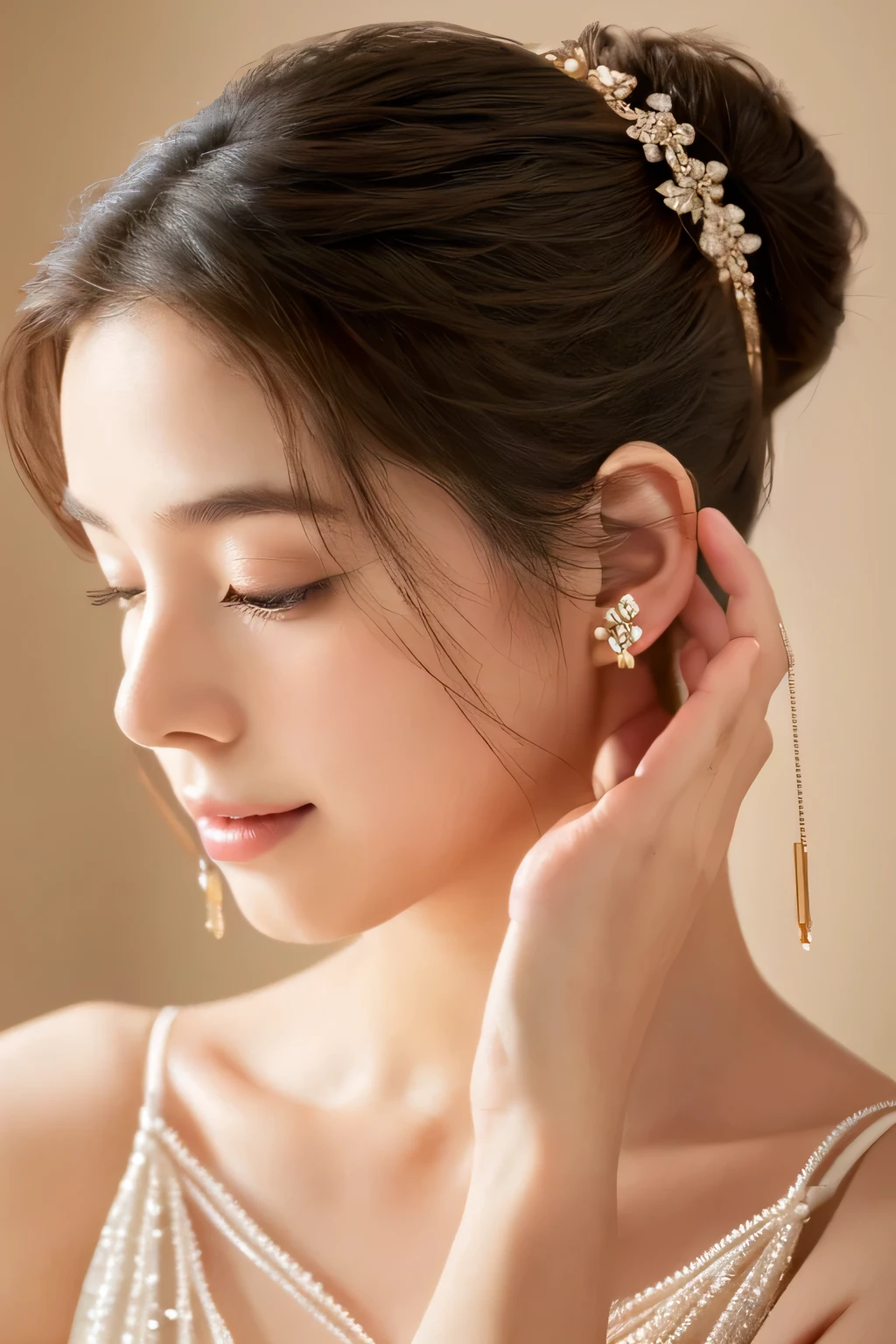 (masterpiece, highest quality: 1.2), Stunningly beautiful woman with a captivating aura, (Gently touch the strand of hair above your ear: 1.1), Profile view revealing her perfect features, (Gently fold your bangs over your ears: 1.5), Charming and adorable gestures that further enhance her charm, (meticulously detailed: 1.3), (High resolution: 1.6), (amazing 8k wallpaper: 1), Each intricate detail is captured with great care and precision, It shows a woman gently placing her hair over her ears with her hands, Showing off delicate and elegant gestures.