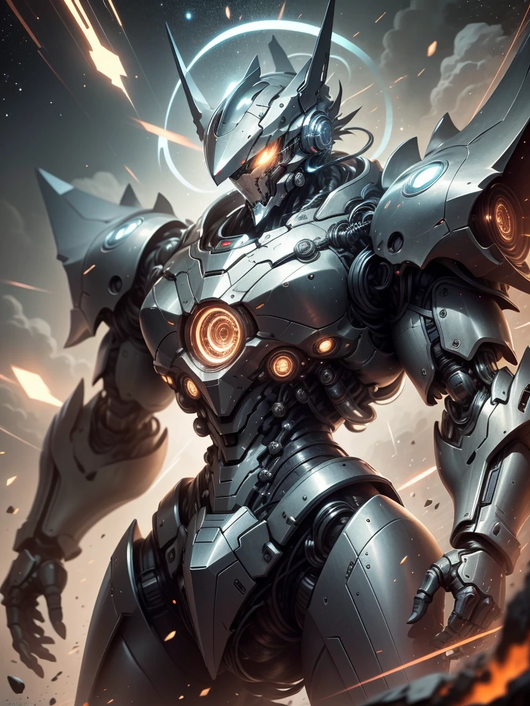 (8K, RAW photo, highest quality, masterpiece:1.2), outer space、(mech warrior), Colorful shining mechanical armor, Streamlined, Simple mechanical armor with excellent functionality, perfect body proportions, tall, dynamic angle, dynamic pose, Super detailed, realistic, shiny, reflective, bioluminescence, Hands radiate spirals of silver orbs and glowing Kundalini energy., violent thunder, super wide view,Dramatic scenes