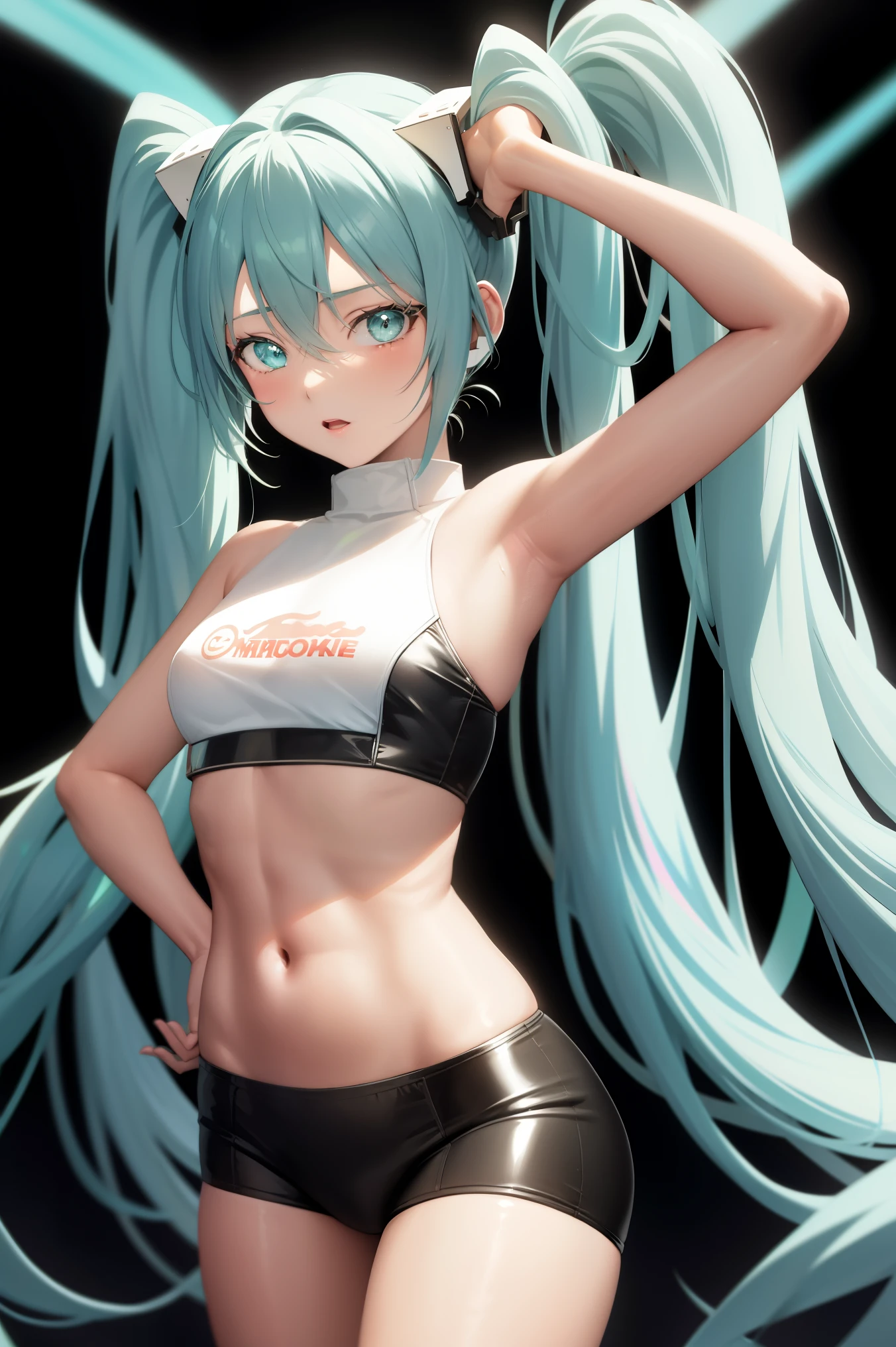 1girl,hatsune miku,cowboy shot,underwear,anime,neon colors,vibrant,holographic lights,highres,ultra-detailed,portraits,sharp focus