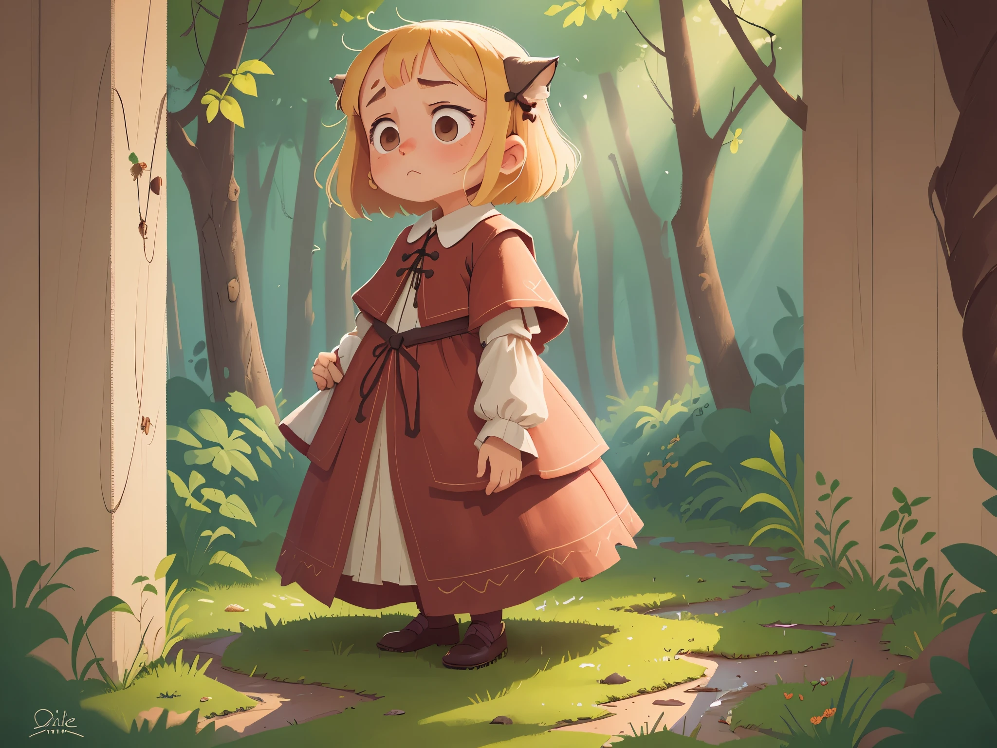 Medieval Europe, medieval clothing, (Full body:1.5), a short haired girl with blonde hair, sad, depressed,((blond hair)), watercolor, medieval style,