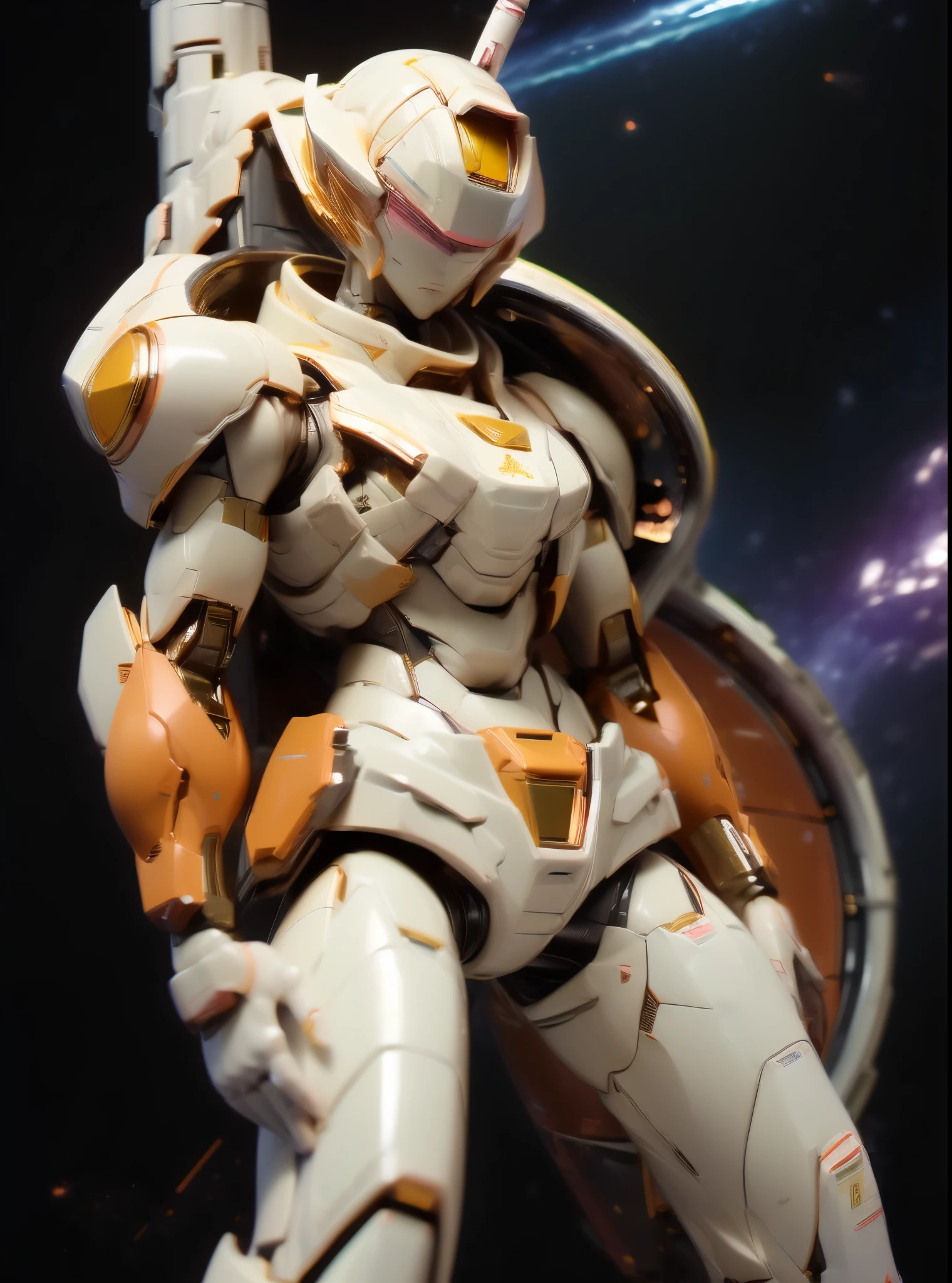 8K，masterpiece:1.0，absurdres，high quality,extremely detailed，(1 robot)(female)，(精致的面容:2.0)，(Clear and delicate facial features:1.5)，(long hair)，(Iron body:1.7),(machine eyeshade),(machine arms),(machine legs)，(silver skin)(shiny skin:1.8),(Mobile Suit),(Female type Gundam),(Battle in the space:1.9)