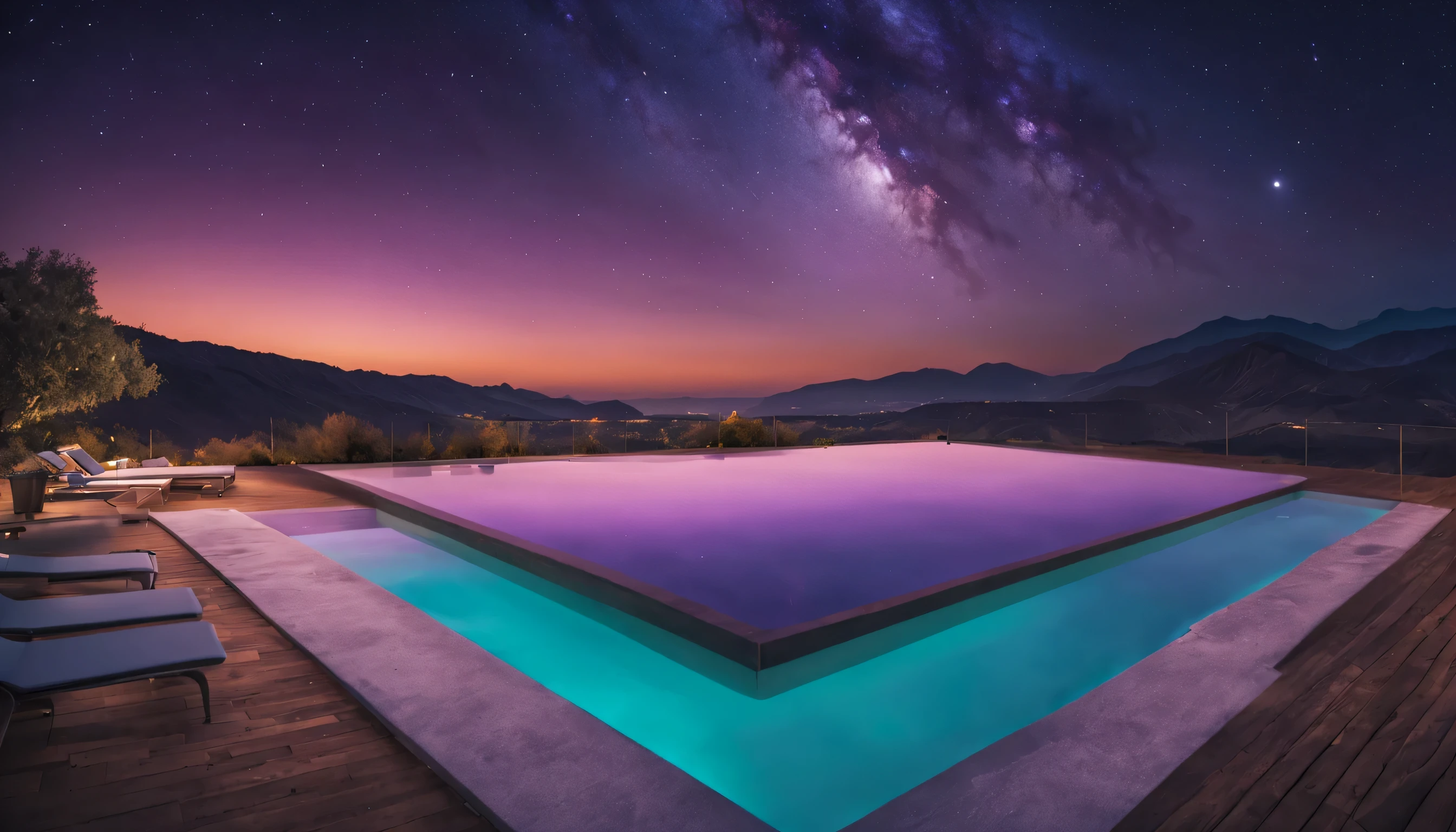 high quality, Super detailed, landscape photography, swimming pool, universe, there are no humans, thank you, purple gradient background, mysterious atmosphere, wide shot, moonlight, soft lighting, wide angle lens, Huge scale, rich colors