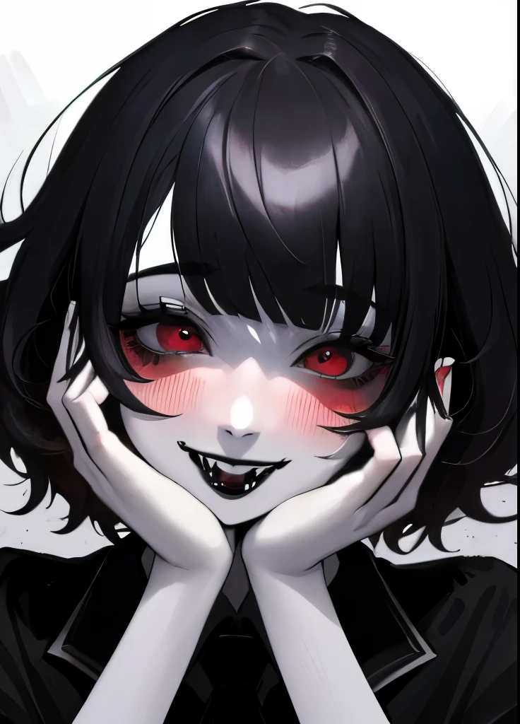 ((best quality)), ((highly detailed)), masterpiece, absurdres, detailed face, beautiful face, (1girl), yandere trance, yandere, hands on own face, hands on own cheeks, creepy, messy bangs, short messy hair, black hair, fangs, smiling, black lipstick, goth, goth clothing, wide angle, blush