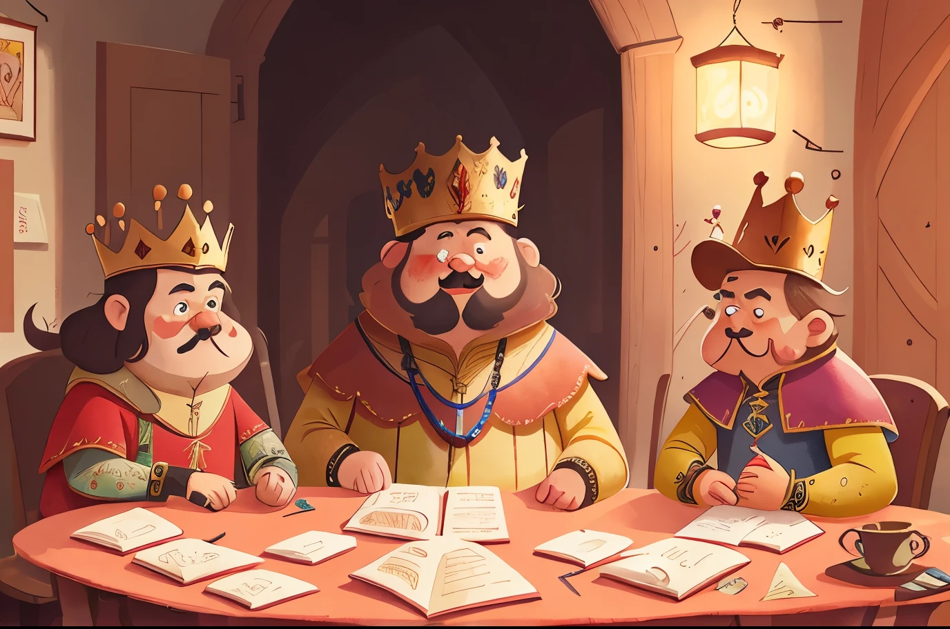 (three fat kings are sitting and communicating in the palace, chairs, tables, carpets:1.5),High definition, detailed, ultra detailed,Medieval Europe, medieval clothing, watercolor, medieval style,