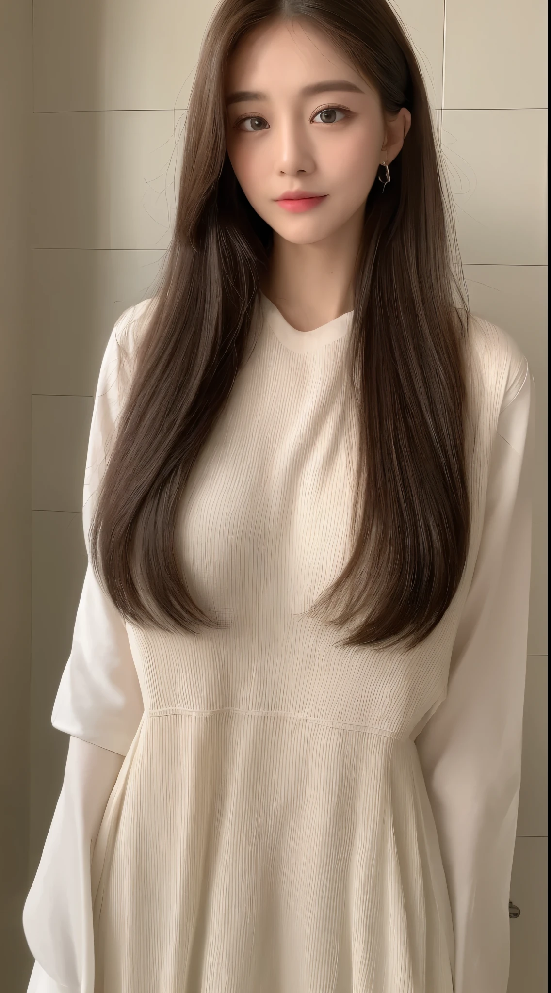 ((highest quality、8K、masterpiece:1.3))、1 girl、The beauty of slim abs:1.3、(hairstyle casual、huge tit:1.2)、dress:1.1、super fine face、delicate eyes、double eyelid、laughter、Bathroom