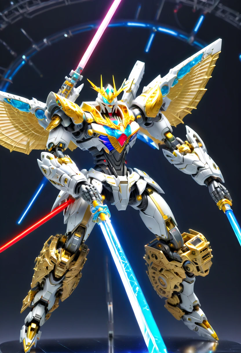 (1 futuristic、Ultra-modern mechanical warrior),(Entirely made from precision vibranium machinery:1.5),The head is shaped like a Tyrannosaurus rex,Key parts have transparent luminous parts,Highlight its advanced technical capabilities。(dynamic poses),(wielding a laser sword:1.5),impressive and majestic。This full body image is set on a battlefield,Highlights the warrior's readiness to fight。The design combines the ferocity of dinosaurs with the sophistication of future technology,showcases intricate mechanical details and luminous elements,to highlight its power source,Conveys a sense of dominance and combat readiness,