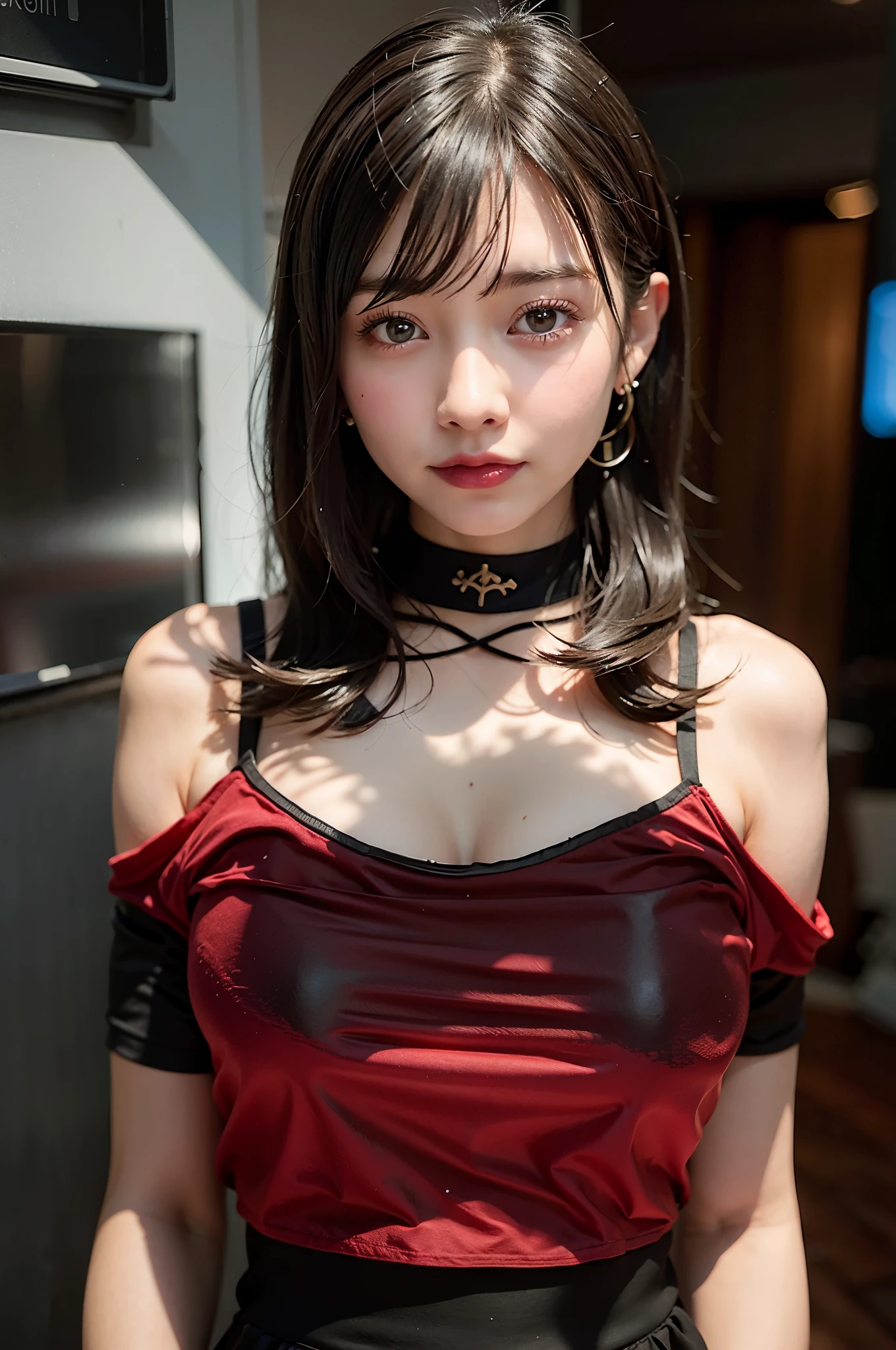 highest quality、Super high resolution、(Photoreal:1.4)、1 girl、Off-shoulder red shirt、black tight skirt、black choker、(faded gray hair:1)、(huge breasts:1.2)、looking at the viewer、Close-up、laughter