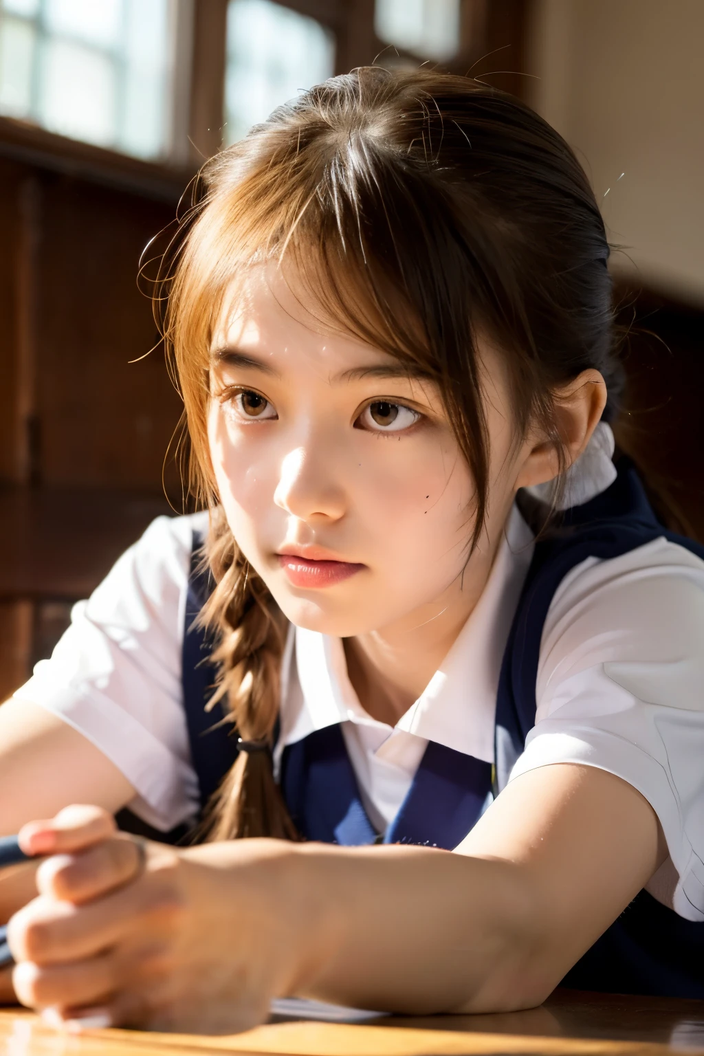 beautiful, masterpiece, best quality, extremely detailed face, perfect lighting, (absurdres), (ultra detailed, 8K, ultra highres:1.2), perfect lighting, (1 girl:1.2), above shoulder, BREAK, gym uniform, buruma, school, classroom, face down on the desk, blond hair,