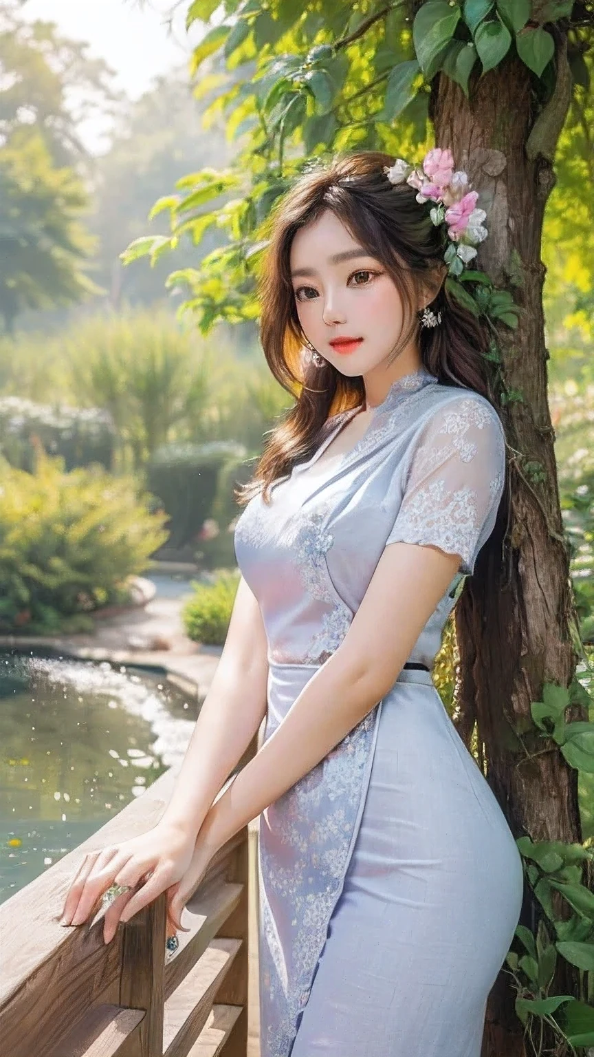 A girl standing in a blooming garden, with the sunlight shining through the branches and casting a warm glow on her face. Her eyes are beautifully detailed, reflecting the vibrant colors of the flowers around her. Her lips, delicately painted, emit a subtle charm. The girl is adorned in a flowing dress, fluttering softly in the gentle breeze. The intricate folds and patterns of her garment add an extra layer of elegance to the scene. She stands in a confident yet contemplative pose, exuding a sense of grace and tranquility. The garden is lush and abundant with various floral species, each petal and leaf carefully rendered with ultra-detailed precision. The overall atmosphere is reminiscent of a classic illustrated masterpiece, with vivid colors and sharp focus. The light, appearing to dance through the foliage above, creates a captivating interplay of shadow and illumination. The scene captures a moment frozen in time, inviting viewers to immerse themselves in the beauty of nature and the girl's serene presence.
Please generate the prompt directly without adding any additional explanations.