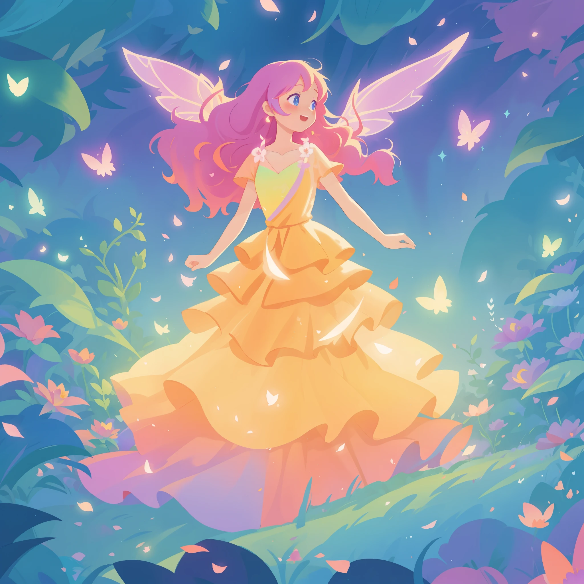 beautiful girl in tiered gradient ballgown dress, gradient warm color ballgown, ((layered flower petal skirt)), fairy dress, fairy queen, magical forest background, (glowing fairy wings), glowing flowing ballgown, long wavy hair, sparkling fairy wings, watercolor illustration, flowers and colorful plants, inspired by Glen Keane, inspired by Lois van Baarle, disney art style, by Lois van Baarle, glowing aura around her, by Glen Keane, jen bartel, glowing lights! digital painting, flowing glowing hair, glowing flowing hair, beautiful digital illustration, fantasia otherworldly landscape plants flowers, beautiful, masterpiece, best quality, anime disney style