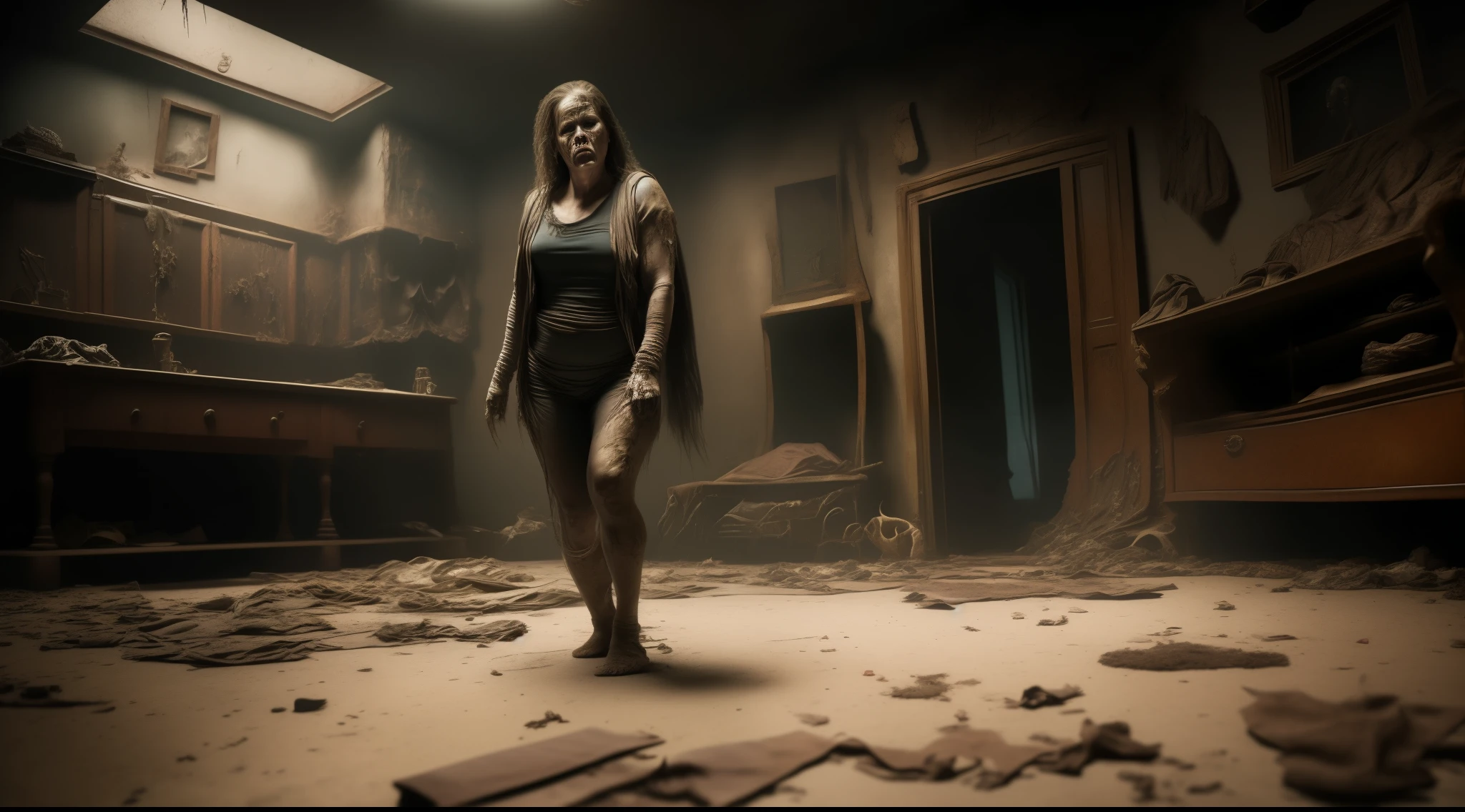 um close up of female zombie girl in t-pose, ulra realistic, cinematic, unreal engine, masterpiece, photography, ray tracing