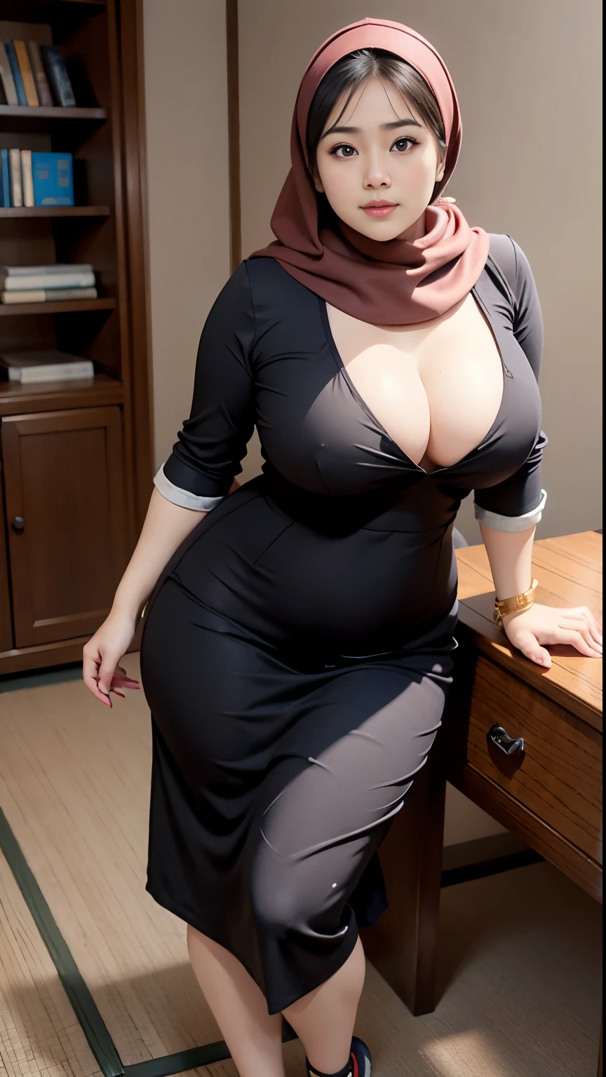 there is a woman sitting down with a longest brown hijab, bbwchan, thicc, brown hijab outfit, brown hijab fashion model, korean girl, korean woman, wearing brown robe, full length shot, alluring plus sized model, japanese goddess, clothed in hooded, voluptuous and arousing, portrait shot, curvy model, voluptuous body, wonderful, nene tanaka body , bbwchan, The overall atmosphere is smooth , haunting illustrations, extremely high-resolution details, photographic, realism pushed to extreme, fine texture, 4k, ultra-detailed, high quality, high contrast, red sneakers, Wide cleavage