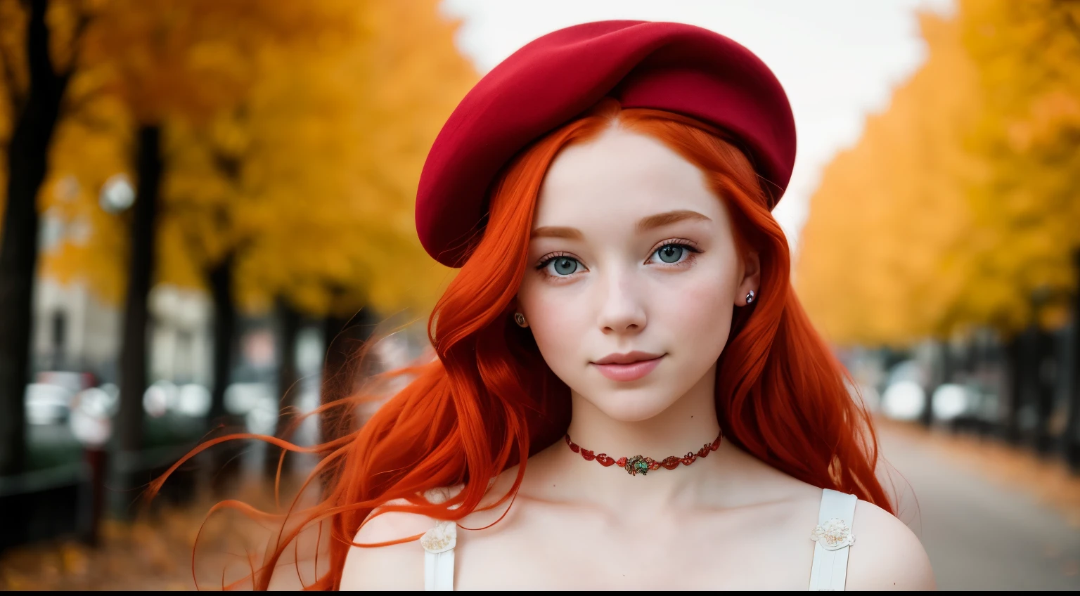 There is a girl with long, vibrant red hair, cascading down her shoulders, adorned with a quintessential French beret on her head. The red-haired girl, with her rosy cheeks, exudes a charming and playful aura in this portrait. The soft red curls frame her face, adding to her distinctively captivating appearance. The photograph, taken with meticulous attention to detail, captures the essence of the redhead's natural beauty. Features: ((Portrait)), redhead, red hair, red cheeks, French beret, soft red curls, best quality, 8K, Wallpaper, Realistic, Cinematic lighting, focused on the