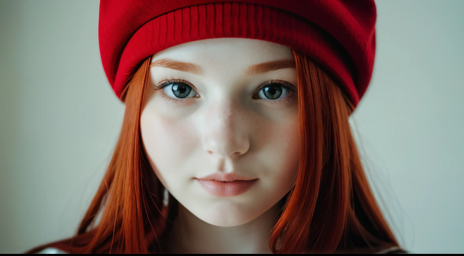 There is a  girl with red hair wearing a red hat, red haired girl, red-haired girl, cute red-haired girl, red haired girl, red cheeks, red cap, portrait of a girl with red hair, red head, she is redhead, red hat, she has red hair, soft red hair, she has long redorange hair, with red hair,  wearing a French beret