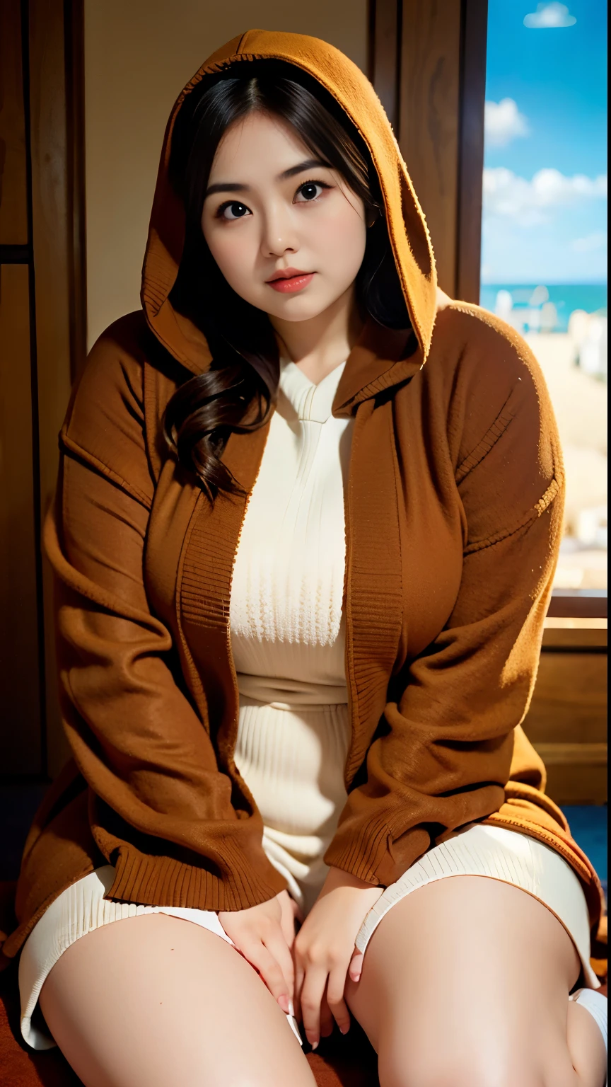 there is a woman sitting down with a longest brown hijab, bbwchan, thicc, brown hijab outfit, brown hijab fashion model, korean girl, korean woman, wearing brown robe, full length shot, alluring plus sized model, japanese goddess, clothed in hooded, voluptuous and arousing, portrait shot, curvy model, voluptuous body, wonderful, nene tanaka body , bbwchan, The overall atmosphere is smooth , haunting illustrations, extremely high-resolution details, photographic, realism pushed to extreme, fine texture, 4k, ultra-detailed, high quality, high contrast, red Color sneakers 