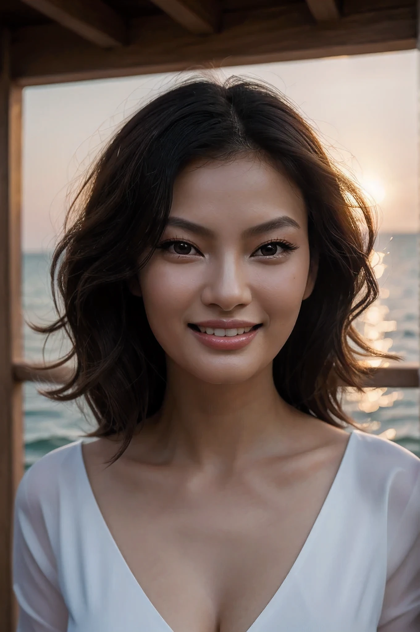 16 thousand.,Best quality,masterpiece,ultra high resolution,(realism:1.4),Original photo,cinematic lighting, 1 girl,Chinese,looks like Linda Evangelista,loose hair,Thick hair, Laid in curls,Dark hair,high forehead,very narrow eyes,Very small nose,Very thin face,sharp cheekbones,plump lips,thin neck,looks at us,smiling,smile,backlight,ocean,