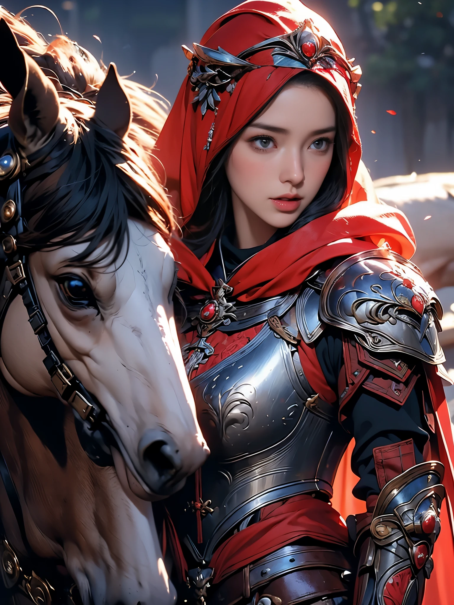 wearing a hijab and dimples, around 17 years old, (plain red hijab), tmasterpiece，Best quality at best，A high resolution，8K，((Portrait))，(Head close-up)，Original photo，real photograph，digital photography，(Female adventurers in the medieval fantasy style)，(Medieval Valkyrie in fantasy style)，18-year-old girl，(Hair gradients of black and red)，blue短发，Red eyelue and white gradient short hair，blue)，(huge round perfect breasts)，An extravagant ornament，cparted lips，Keep your mouth shuegant and charming，((Blushing))，haughty contempt，Calm and handsome，(Medieval fantasy combat suit，Joint Armor，Lightweight golden protection，The Beautiful Magic Badge，Medieval armor combined with leather and silver，A delicate pattern，Cloak)，(Woman warrior)，Photo pose，medieval characters，medieval fantasy style，Ancient castle background，oc render reflection texture, sexy, golden sexy breast bra armor , angelic tiara, 