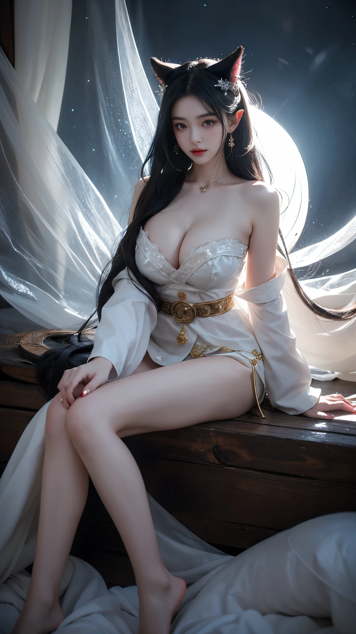 Ahri_Cosplay, White Tails, Black long hair, yellow eyes,  In the depths of Wonderland，The moonlight falls like water，foggy room，The figure of the heroine is vaguely visible，Just like the fairy in the painting，Slender sexy legs，Very nice legs，Leaking legs，Don’t cover your legs with clothes，Beautiful big breasts而又带着一丝mystery的色彩。Her face is beautiful and delicate，Like finely carved jade，Showing otherworldly beauty。The eyebrows are picturesque，Long eyebrows to temples，The waves in my eyes are like twinkling stars，Show the light of perseverance and wisdom。The bridge of the nose is straight，Lip color like cherry，The slightly raised corners of the mouth reveal confidence and calmness。Her face is well defined，The skin is as fair as jade，Reveals a healthy glow，Not like a fairy&#39;Don’t eat the fireworks of the world。Her makeup is light and delicate，Not too much embellishment，But enough to show her temperament and charm。Light-colored foundation brings out the transparency of the skin，A light eyebrow pencil outlines her perfect eyebrow shape，Eye makeup is eye shadow and eyeliner，Make her eyes brighter and more energetic。嘴唇涂上grace的口红，Adds a bit of charm and sophistication。她的衣服grace别致，Wearing white clothes to win the snow，Clothes flutter，It seems like it will be blown up by the wind at any time，drifting into the distance。Beautifully embroidered patterns on clothes，既不失grace，Also showed her extraordinary skills。A wide belt is tied around the waist，There is a crystal clear jade pendant hanging on it，Rocking with her movements。Her hair is tied back casually，Secure it with a hosta，A few strands of hair are fluttering gently in the wind，Adds a bit of softness。Her figure is looming in the fairyland，宛如一道Beautiful big breasts的风景线，attracted everyone&#39;s attention。She seems to be an elf in fairyland，Beautiful big breasts、grace、mystery、and full of power。