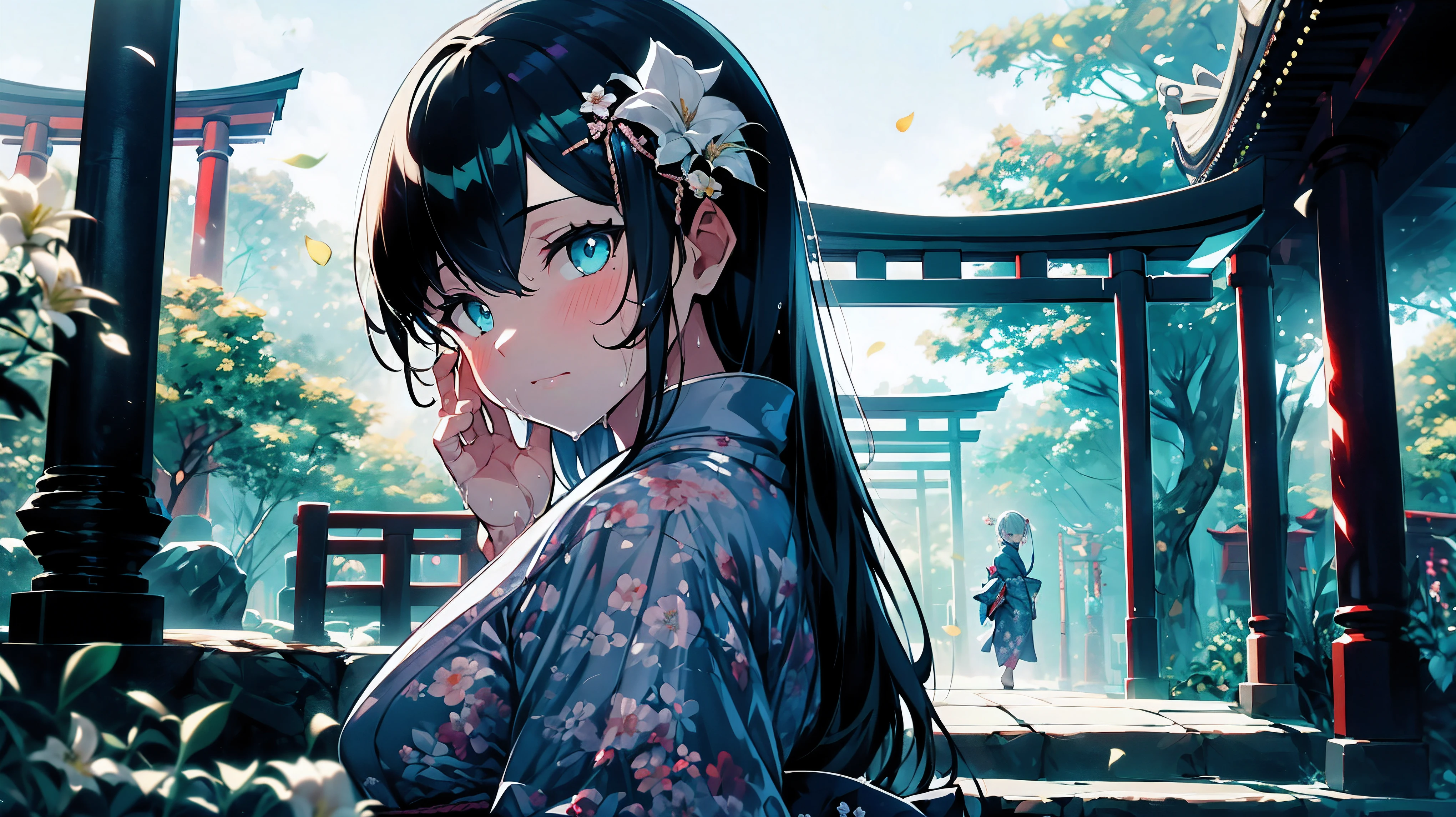 (an 8  girl:1.2), alone, Looking back at the audience, (wide angle), (white lily flower), aesthetic, complex, won, cybernetic enhancement, chiaroscuro, (best quality, Detailed background, misty atmosphere:1.2), (cloudy day),((Girl in 棉质kimono:1.2)), 棉质kimono, 棉质kimono, The best wrinkles, best shade, (Walking through the foggy Zen garden), (real location), Exquisite and beautiful eyes, casual gesture, Detailed texture, pose, (Anatomically correct body, Detailed face, (非常Detailed texturekimono) with floral pattern), (The hair is a little wet), thick hair, hair accessories, Common, kimono, Heart, outdoor, pagoda, petal, 青色kimono, sash, shrine, skyporn, stone staircase, torii, wide sleeves, yukata,cloudy, misty