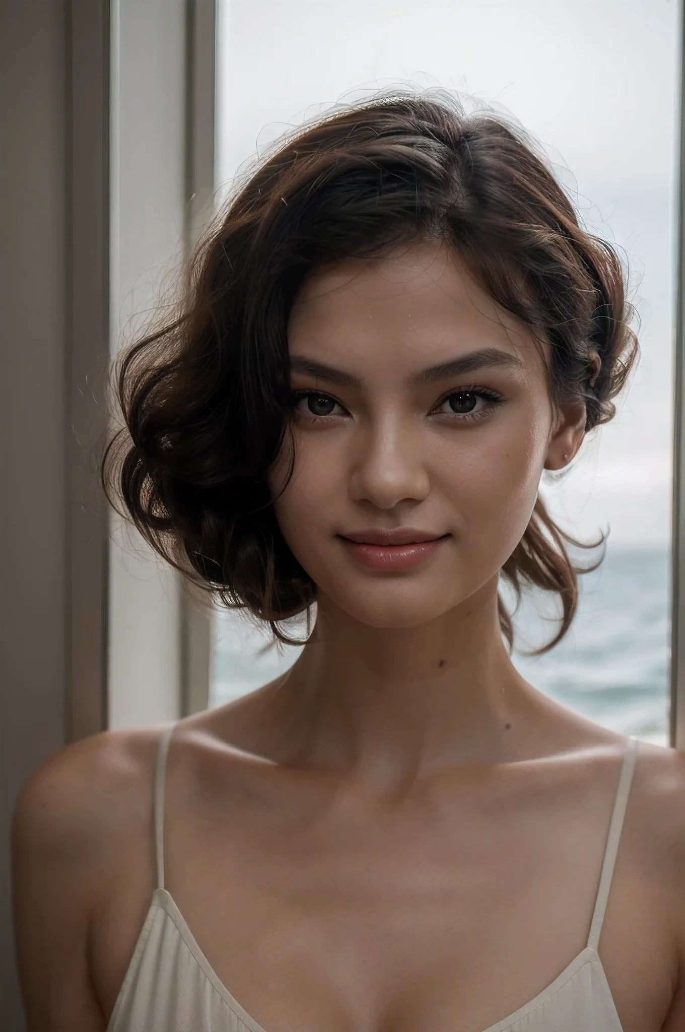 16 thousand.,Best quality,masterpiece,ultra high resolution,(realism:1.4),Original photo,cinematic lighting, 1 girl,Chinese,looks like Linda Evangelista,loose hair,Thick hair, Laid in curls,Dark hair,high forehead,very narrow eyes,Very small nose,Very thin face,sharp cheekbones,plump lips,thin neck,looks at us,smiling,smile,backlight,ocean,