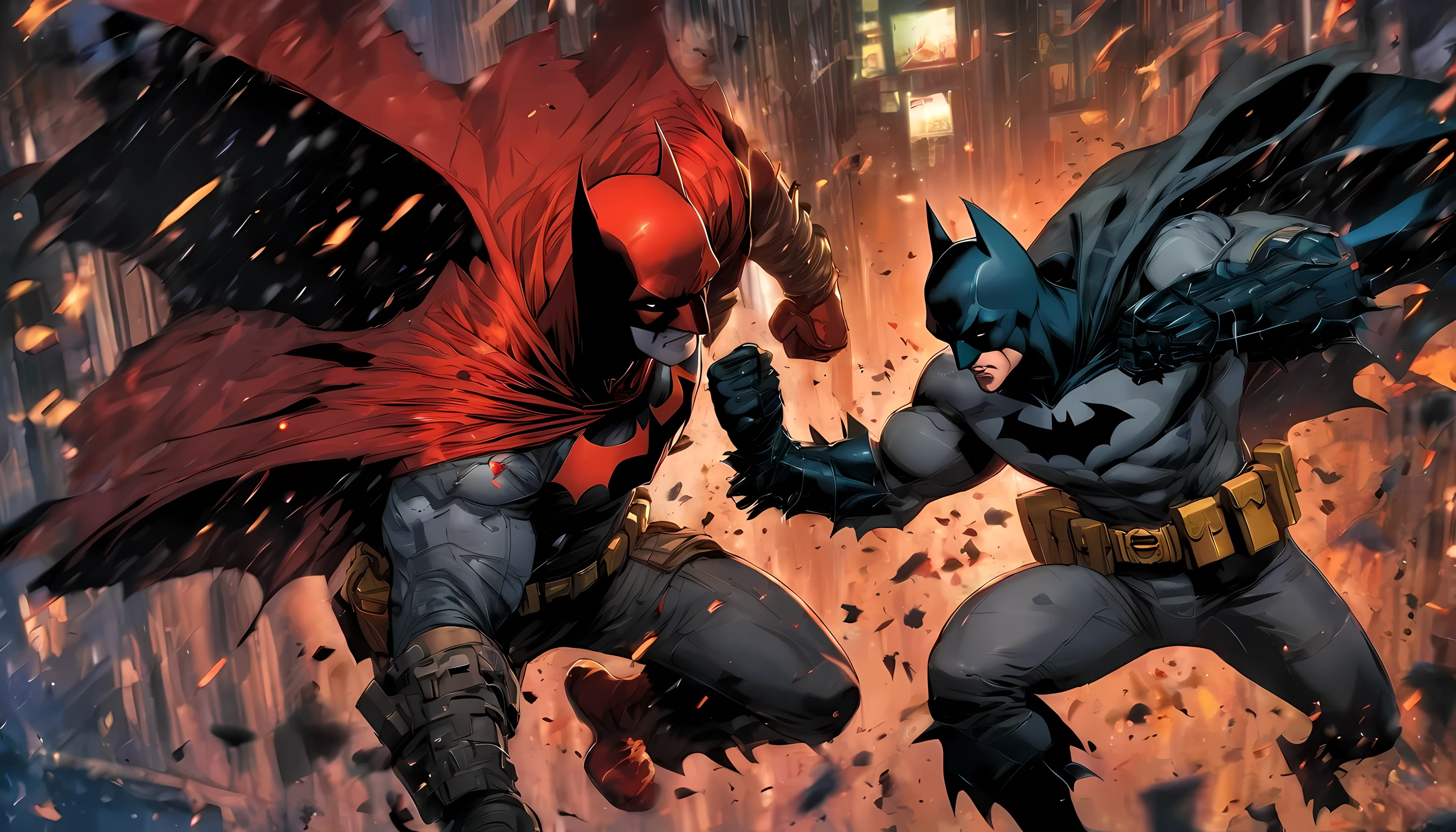 fighting scene between batman and red hood from batman under the red hood movie, batman punching right on face, full-body illustration