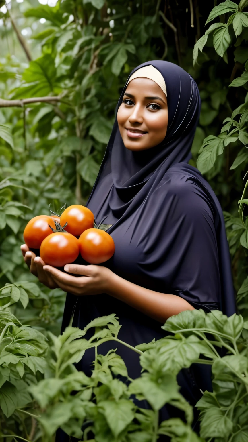 photography of a 23 year old Arab-Indo woman wearing a brown hijab and black robe, offering fresh fruit while smiling, her cheeks and lips reddish