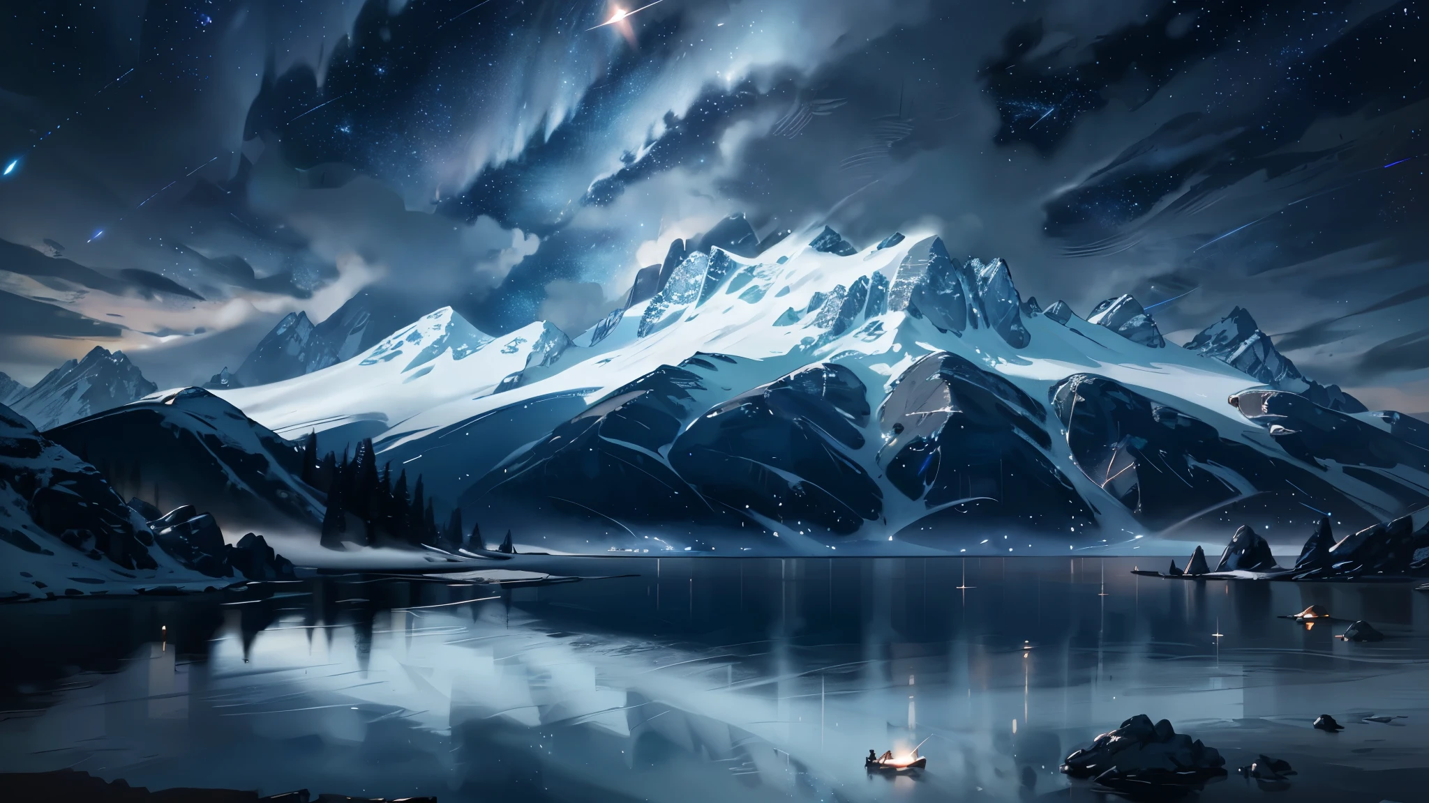 Starry Sky with Mountains and Lake, Jessica Rossier, Inspired by Jessica Rossier, Jessica Rossier Fantasy Art, Concept Art Magic Highlights, Official Artwork, Dream Painting, Ethereal Realm, Atmospheric artwork, dreamy matte paintings, serene endless stars inspired by Ted Nasmith, moonlit starry environments, epic music album covers.