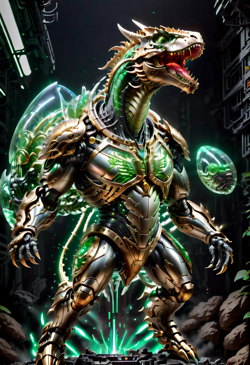 A futuristic ultra-modern mechanical warrior，Entirely made from precision machinery，The head is in the shape of a Tyrannosaurus rex。The fighter&#39;s key components feature transparent luminous parts，Emphasizing its advanced technological capabilities。Warrior wielding laser sword，The posture is dynamic，Homem-Imponente。This full-body image is set against the backdrop of a battlefield，Highlights the warrior&#39;s preparation for battle。the design combines the ferocity of dinosaurs with the sophistication of futuristic technology，showcases intricate mechanical details and luminous elements，to highlight its power source，Conveys a sense of dominance and battle readiness