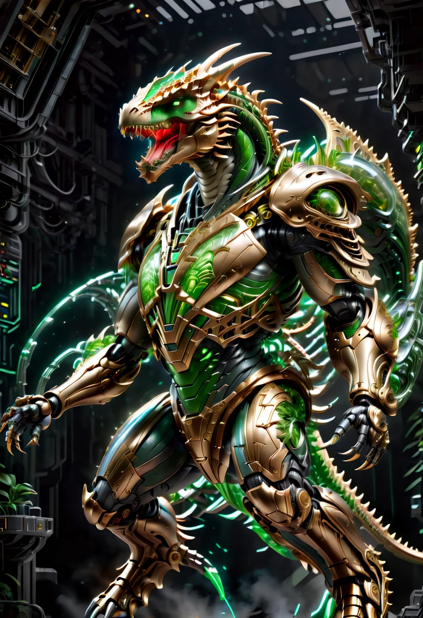 A futuristic ultra-modern mechanical warrior，Entirely made from precision machinery，The head is in the shape of a Tyrannosaurus rex。The fighter&#39;s key components feature transparent luminous parts，Emphasizing its advanced technological capabilities。Warrior wielding laser sword，The posture is dynamic，Homem-Imponente。This full-body image is set against the backdrop of a battlefield，Highlights the warrior&#39;s preparation for battle。the design combines the ferocity of dinosaurs with the sophistication of futuristic technology，showcases intricate mechanical details and luminous elements，to highlight its power source，Conveys a sense of dominance and battle readiness