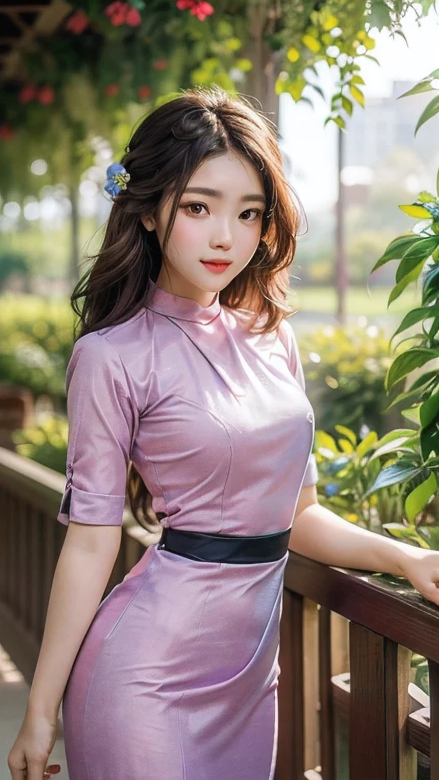 A beautiful masterpiece of a solo girl in stunningly detailed illustration, rendered in the best quality and high resolution of 8k. Her captivating eyes and detailed lips add a sense of realism and depth to the artwork. The girl stands in a vibrant garden, surrounded by blooming flowers and lush greenery. The sunlight filters through the leaves, casting a warm and soft glow on her face. Her flowing hair dances with the gentle breeze, adding a sense of movement and life to the scene. The colors used in the artwork are vivid and vibrant, creating an atmosphere of joy and tranquility. The overall composition is carefully balanced, with the girl positioned slightly off-center, creating a dynamic and visually appealing image. The attention to detail is impeccable, with every stroke and texture adding to the overall beauty of the artwork. This masterpiece exudes a sense of elegance and grace that will captivate the viewer's imagination. (Burmese girl)