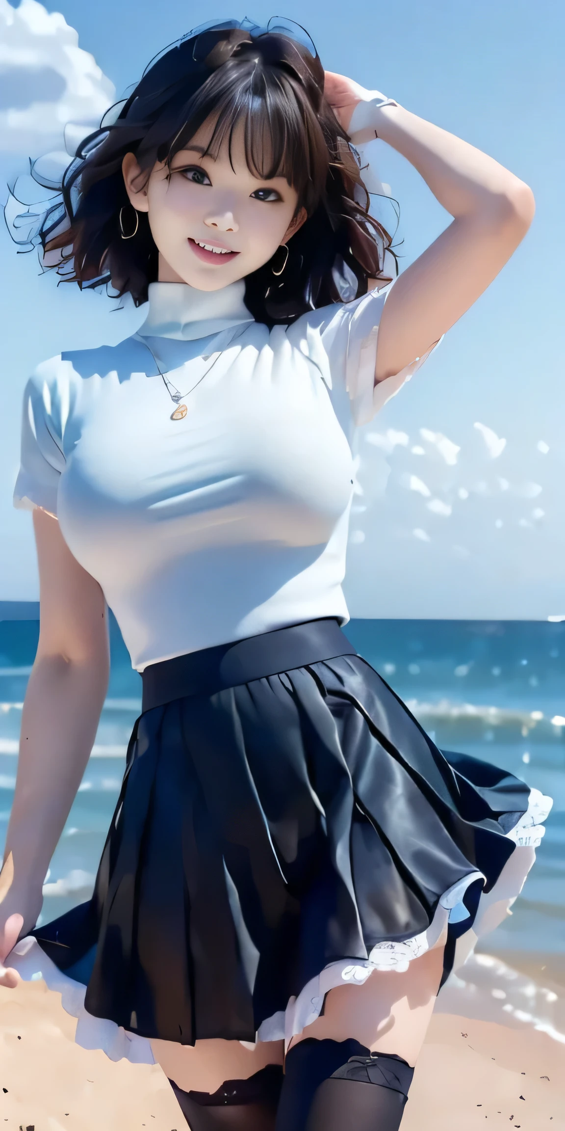 Female, 20 years old, short black wavy hair、bangss、Puffy nipple、(White Turtleneck Knit)、(Blue long skirt), Black stockings、Medium milk, cute smile face、((Poses that emphasize the buttocks、turned around))、sexy hips、Black High Heels、Big necklace、((((the wind blew my skirt, expose my panties...))))、(Light blue lace panties)、Cute earrings、(Tilt your head slightly)