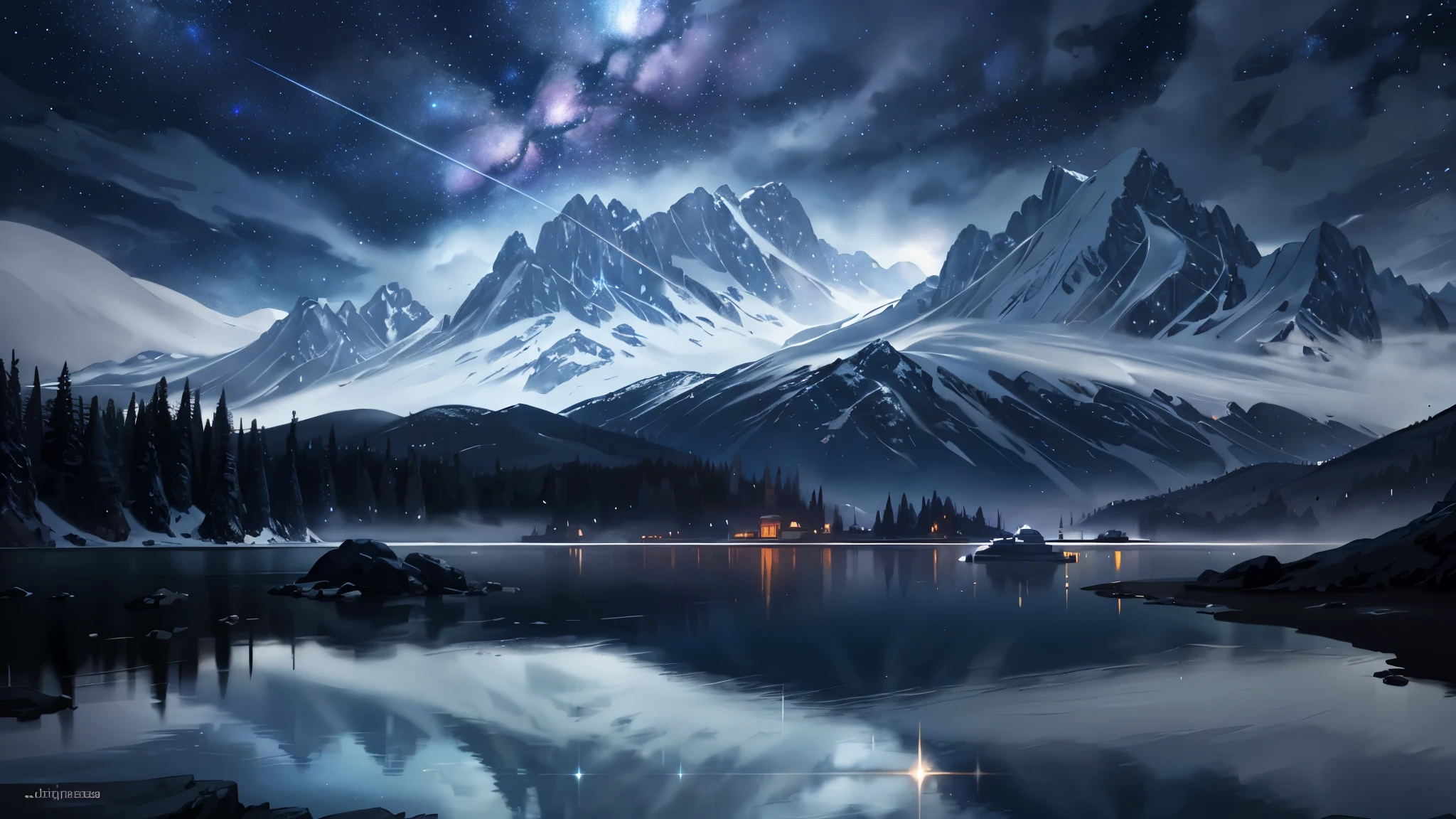 Starry Sky with Mountains and Lake, Jessica Rossier, Inspired by Jessica Rossier, Jessica Rossier Fantasy Art, Concept Art Magic Highlights, Official Artwork, Dream Painting, Ethereal Realm, Atmospheric artwork, dreamy matte paintings, serene endless stars inspired by Ted Nasmith, moonlit starry environments, epic music album covers.