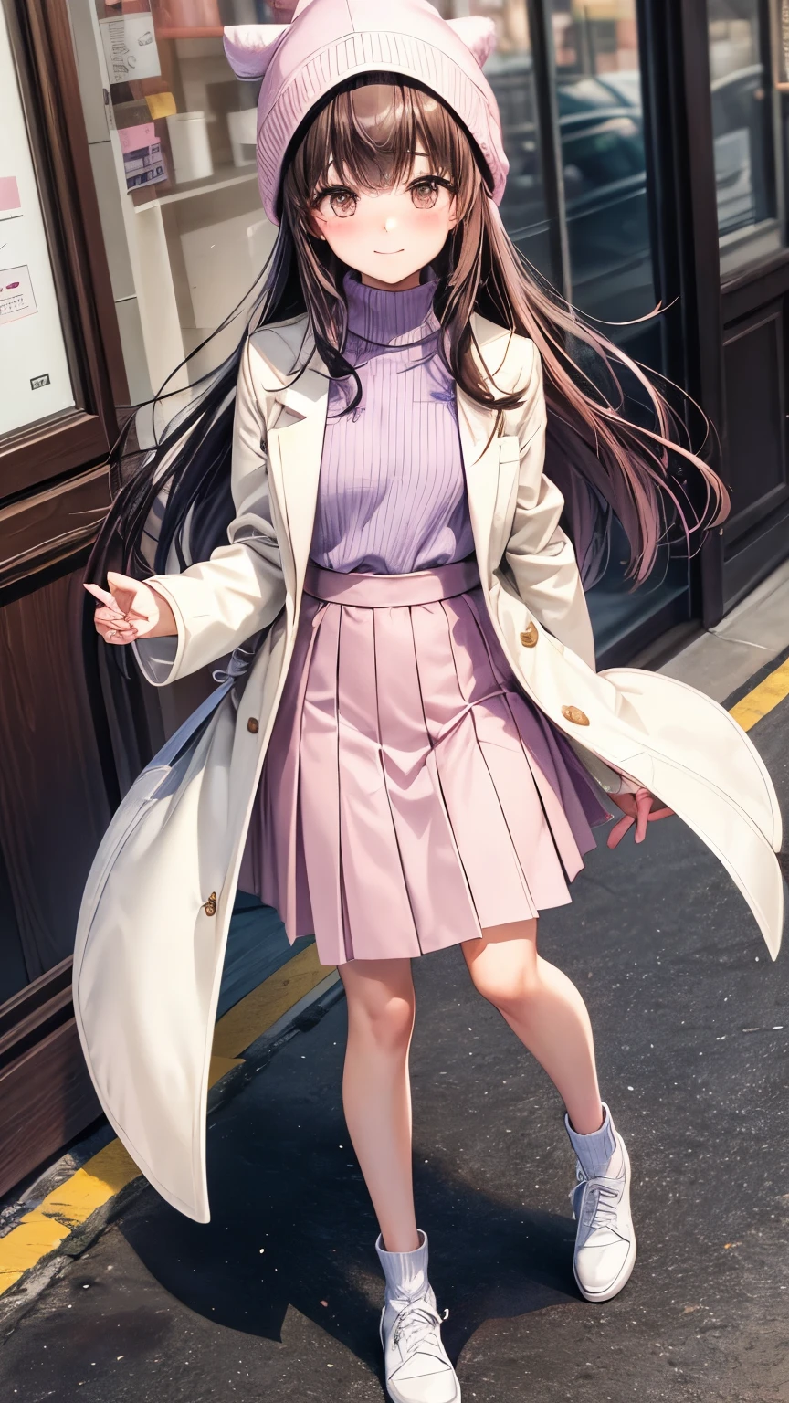 An elementary student Japanese girl ((flat chest, slender)),brown long hair((straight hair ))((much blush bangs forelock:1.3)), tidy long sleeves casual shirts (( pale purple turtle neck )),((white overcoat)), ((pale pink maxi length skirt)), pale bluish purple beanie, sparkly orange big round droopy eyes,eyelashes, blush and passionate smile, cheerful and tidy atmosphere, ((neatly posing)), a snowy day , full body(( face focus )), best quality