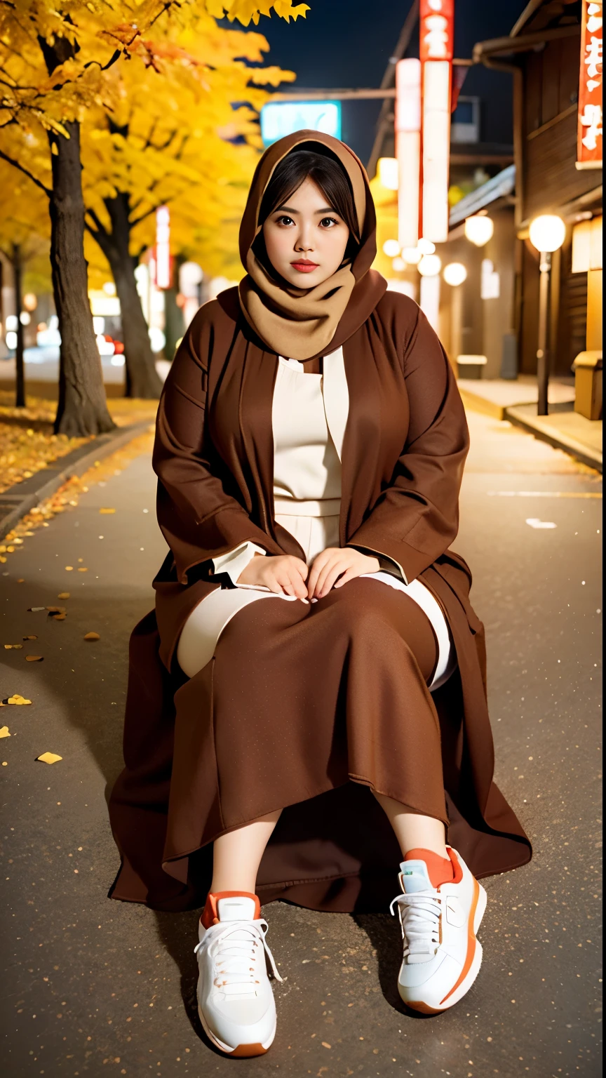 there is a woman sitting down with a longest brown hijab, bbwchan, thicc, brown hijab outfit, brown hijab fashion model, korean girl, korean woman, wearing brown robe, full length shot, alluring plus sized model, japanese goddess, clothed in hooded, voluptuous and arousing, portrait shot, curvy model, voluptuous body, wonderful, nene tanaka body , bbwchan, The overall atmosphere is smooth , haunting illustrations, extremely high-resolution details, photographic, realism pushed to extreme, fine texture, 4k, ultra-detailed, high quality, high contrast, red Color sneakers 