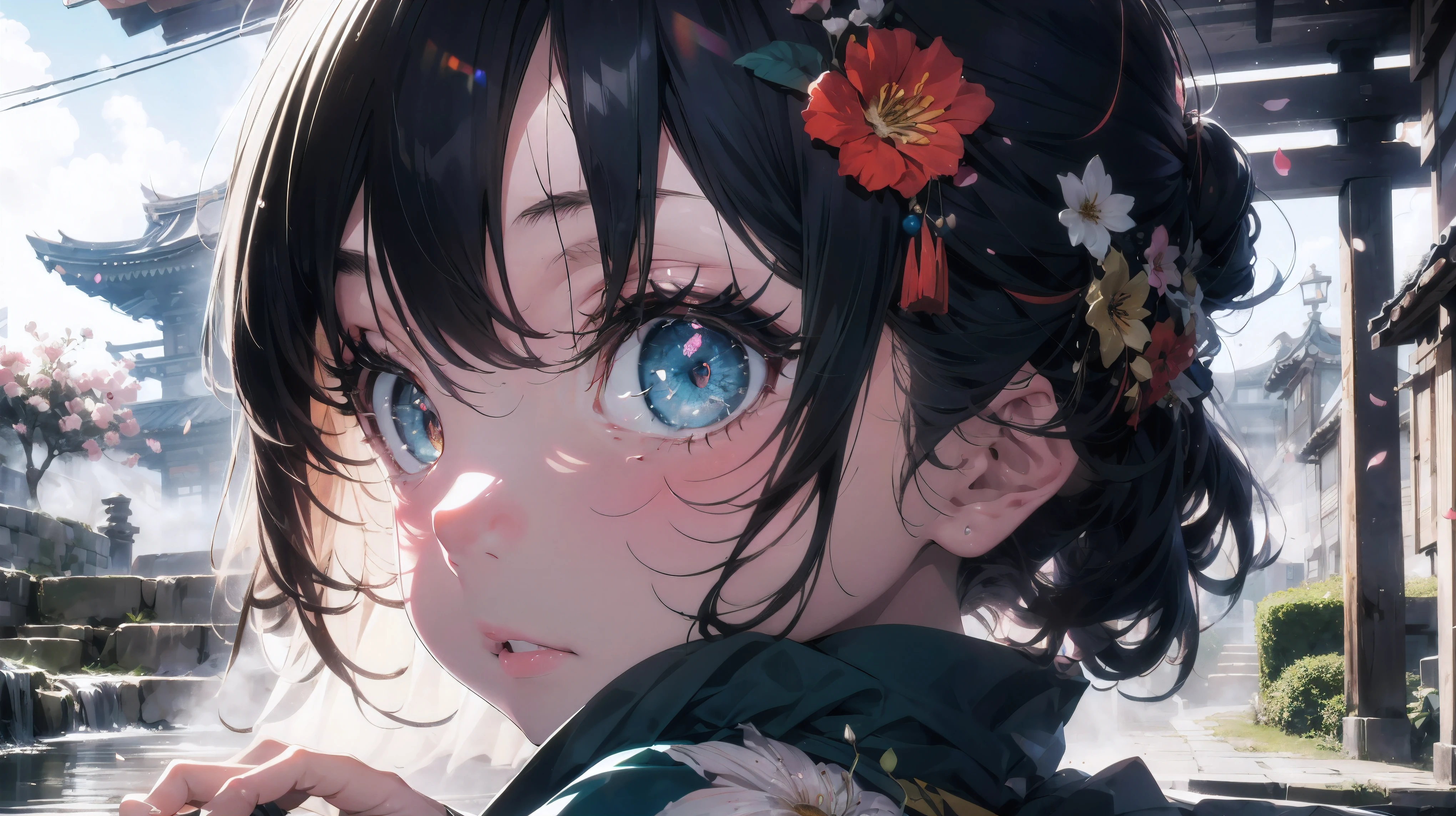 (an 8 year old girl:1.2), alone, small breasts, Looking back at the audience, (wide angle), (white lily flower), aesthetic, complex, won, cybernetic enhancement, chiaroscuro, best quality, Detailed background, Character takes up one-third of the screen, (misty atmosphere:1.2), (cloudy day),((Girl in 棉质kimono:1.2)), 棉质kimono, 棉质kimono, The best wrinkles, best shade, (Walking through the foggy Zen garden), (real location), Exquisite and beautiful eyes, casual gesture, Detailed texture, pose, (Anatomically correct body, Detailed face, (非常Detailed texturekimono) with floral pattern), (black hair), thick hair, hair accessories, Common, kimono, Heart, outdoor, pagoda, petal, 青色kimono, sash, shrine, skyporn, stone staircase, torii, wide sleeves, yukata,cloudy, misty