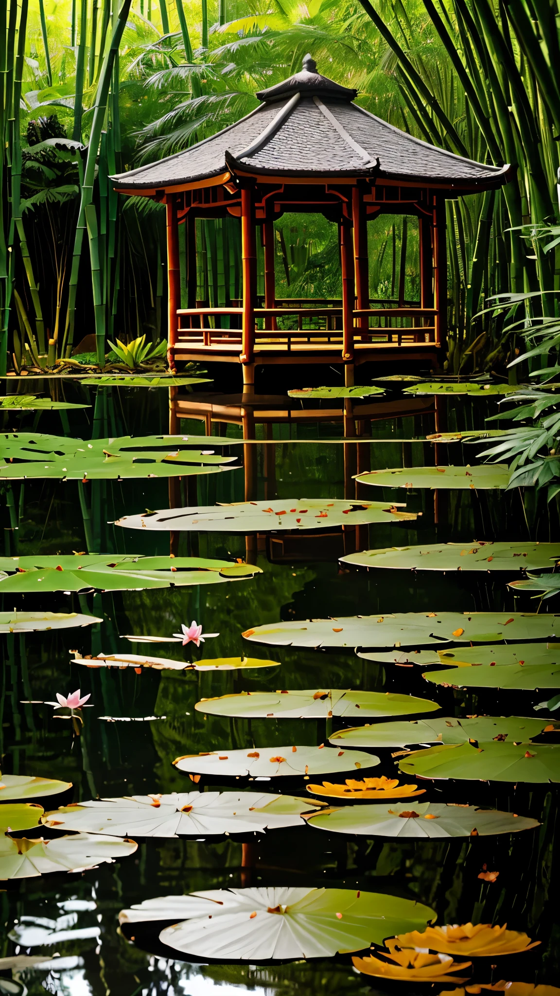 (bamboo gazebo,water lily pond,serene atmosphere,tranquil,zen-like:1.1),detailed bamboo structure,strong sunlight filtering through leaves,glimmering reflections on water surface,subtle ripples,moss-covered rocks,serene lotus flowers,peaceful nature sounds,vibrant green surroundings,calming natural scenery,breezy ambiance,authentic Japanese garden,meticulously crafted architecture,harmonious design,traditional craftsmanship,meticulous attention to detail,peaceful meditation spot