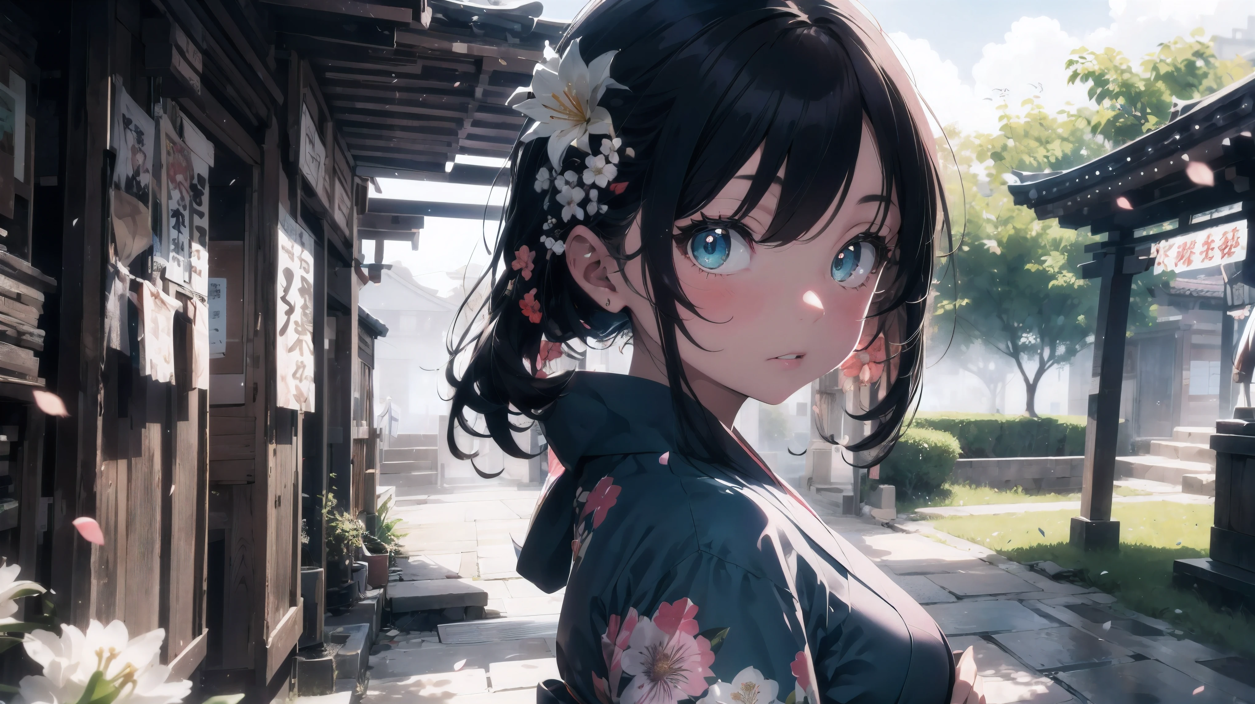 (an 8 girl:1.2), alone, small breasts, Looking back at the audience, (wide angle), (white lily flower), aesthetic, complex, won, cybernetic enhancement, chiaroscuro, best quality, Detailed background, Character takes up one-third of the screen, (misty atmosphere:1.2), (cloudy day),((Girl in 棉质kimono:1.2)), 棉质kimono, 棉质kimono, The best wrinkles, best shade, (Walking through the foggy Zen garden), (real location), Exquisite and beautiful eyes, casual gesture, Detailed texture, pose, (Anatomically correct body, Detailed face, (非常Detailed texturekimono) with floral pattern), (black hair), thick hair, hair accessories, Common, kimono, Heart, outdoor, pagoda, petal, 青色kimono, sash, shrine, skyporn, stone staircase, torii, wide sleeves, yukata,cloudy, misty