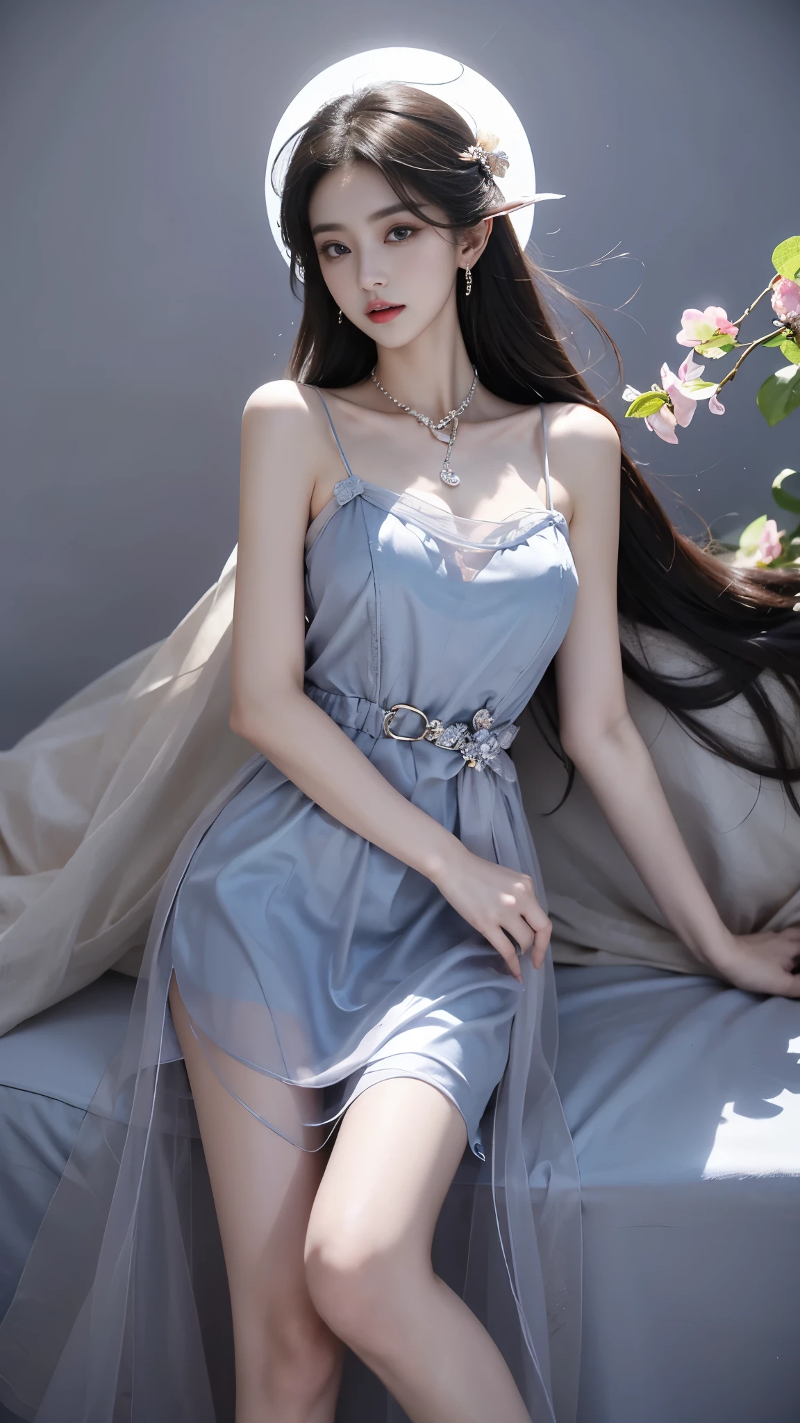 Sweet girl clothes2,pearl necklace,blue dress,flower, In the depths of Wonderland,The moonlight falls like water,foggy room,The figure of the heroine is vaguely visible,Just like the fairy in the painting,Slender sexy legs,Very nice legs,Leaking sexy legs,Beautiful big breasts而又带着一丝mystery的色彩。Her face is beautiful and delicate,Like finely carved jade,Showing otherworldly beauty。The eyebrows are picturesque,Long eyebrows to temples,The waves in my eyes are like twinkling stars,Show the light of perseverance and wisdom。The bridge of the nose is straight,Lip color like cherry,The slightly raised corners of the mouth reveal confidence and calmness。Her face is well defined,The skin is as fair as jade,Reveals a healthy glow,Not like a fairy'Don’t eat the fireworks of the world。Her makeup is light and delicate,Not too much embellishment,But enough to show her temperament and charm。Light-colored foundation brings out the transparency of the skin,A light eyebrow pencil outlines her perfect eyebrow shape,Eye makeup is eye shadow and eyeliner,Make her eyes brighter and more energetic。嘴唇涂上grace的口红,Adds a bit of charm and sophistication。她的衣服grace别致,Wearing white clothes to win the snow,Clothes flutter,It seems like it will be blown up by the wind at any time,drifting into the distance。Beautifully embroidered patterns on clothes,既不失grace,Also showed her extraordinary skills。A wide belt is tied around the waist,There is a crystal clear jade pendant hanging on it,Rocking with her movements。Her hair is tied back casually,Secure it with a hosta,A few strands of hair are fluttering gently in the wind,Adds a bit of softness。Her figure is looming in the fairyland,宛如一道Beautiful big breasts的风景线,attracted everyone's attention。She seems to be an elf in fairyland,Beautiful big breasts、grace、mystery、and full of power。