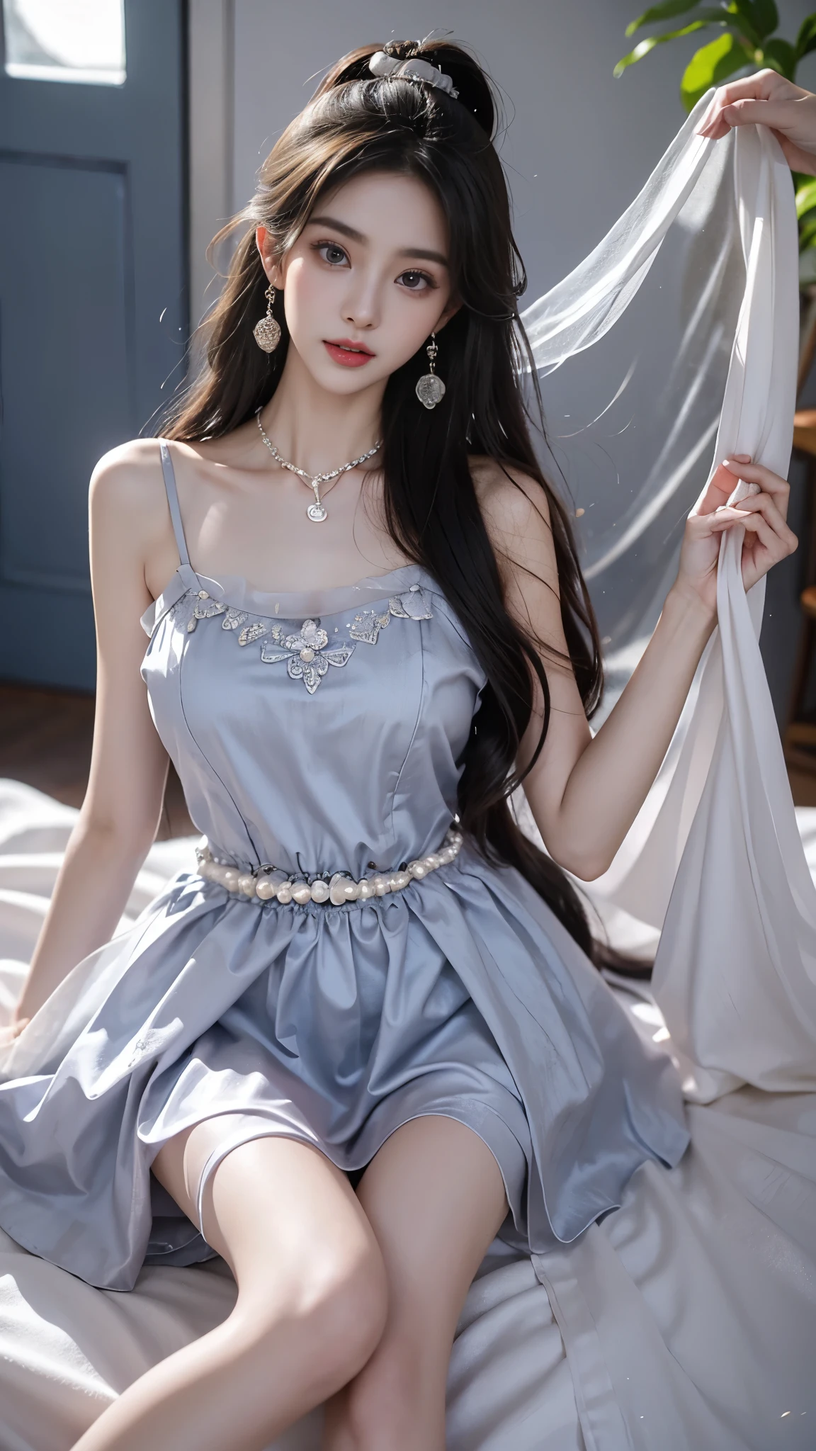 Sweet girl clothes2,pearl necklace,blue dress,flower, In the depths of Wonderland,The moonlight falls like water,foggy room,The figure of the heroine is vaguely visible,Just like the fairy in the painting,Slender sexy legs,Very nice legs,Leaking sexy legs,Beautiful big breasts而又带着一丝mystery的色彩。Her face is beautiful and delicate,Like finely carved jade,Showing otherworldly beauty。The eyebrows are picturesque,Long eyebrows to temples,The waves in my eyes are like twinkling stars,Show the light of perseverance and wisdom。The bridge of the nose is straight,Lip color like cherry,The slightly raised corners of the mouth reveal confidence and calmness。Her face is well defined,The skin is as fair as jade,Reveals a healthy glow,Not like a fairy'Don’t eat the fireworks of the world。Her makeup is light and delicate,Not too much embellishment,But enough to show her temperament and charm。Light-colored foundation brings out the transparency of the skin,A light eyebrow pencil outlines her perfect eyebrow shape,Eye makeup is eye shadow and eyeliner,Make her eyes brighter and more energetic。嘴唇涂上grace的口红,Adds a bit of charm and sophistication。她的衣服grace别致,Wearing white clothes to win the snow,Clothes flutter,It seems like it will be blown up by the wind at any time,drifting into the distance。Beautifully embroidered patterns on clothes,既不失grace,Also showed her extraordinary skills。A wide belt is tied around the waist,There is a crystal clear jade pendant hanging on it,Rocking with her movements。Her hair is tied back casually,Secure it with a hosta,A few strands of hair are fluttering gently in the wind,Adds a bit of softness。Her figure is looming in the fairyland,宛如一道Beautiful big breasts的风景线,attracted everyone's attention。She seems to be an elf in fairyland,Beautiful big breasts、grace、mystery、and full of power。